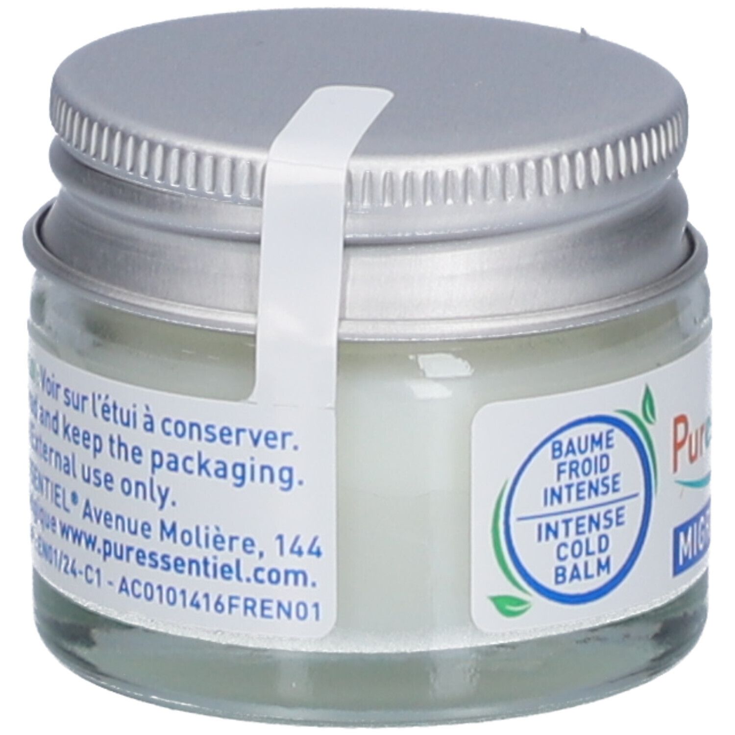 Glas mit silbernem Deckel. Aufschrift: Baume Froid Intense. Aufkleber mit Text. Siegel.