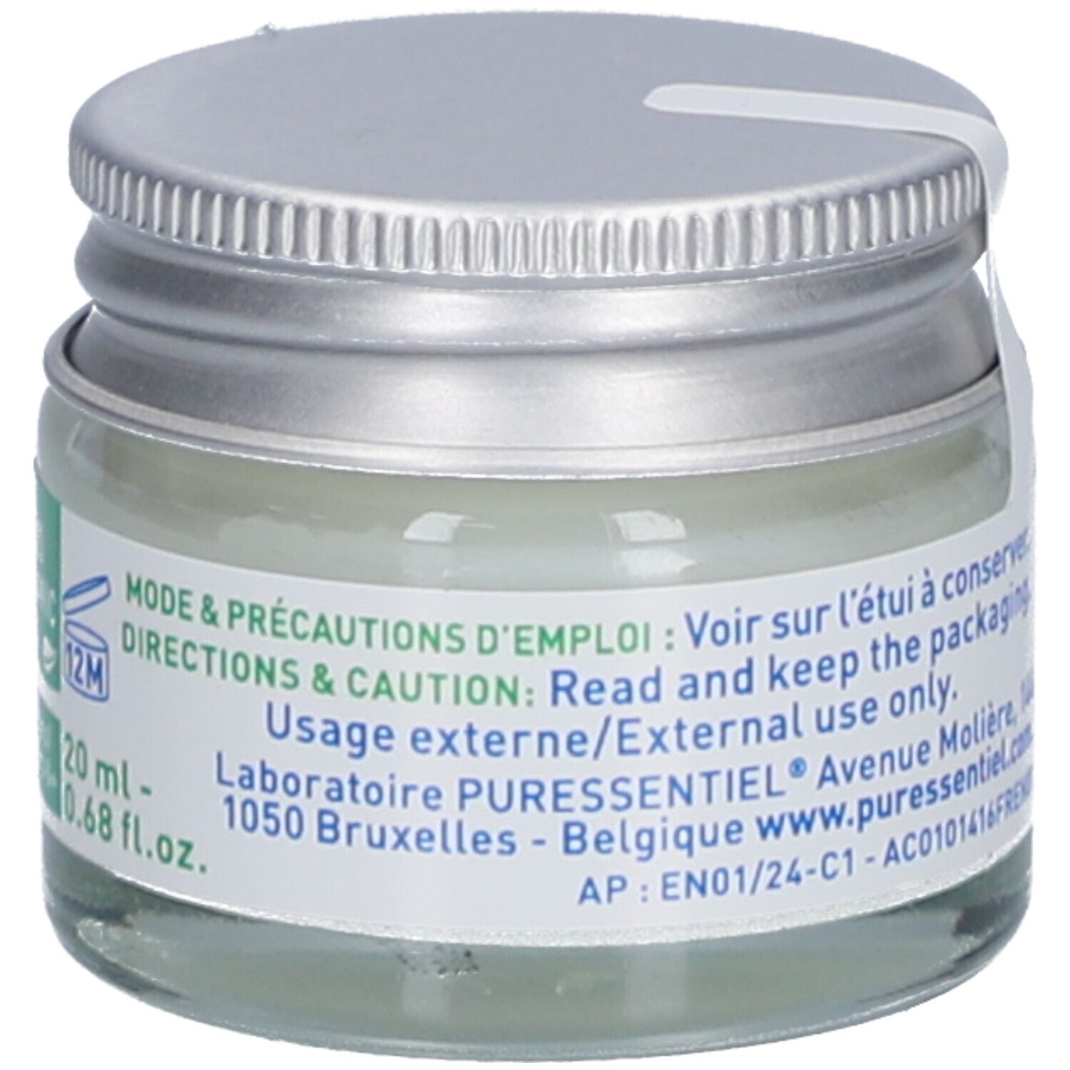 Glas mit silbernem Deckel. Aufschrift: 20 ml, 0.68 fl.oz. Text auf Etikett. Siegel.