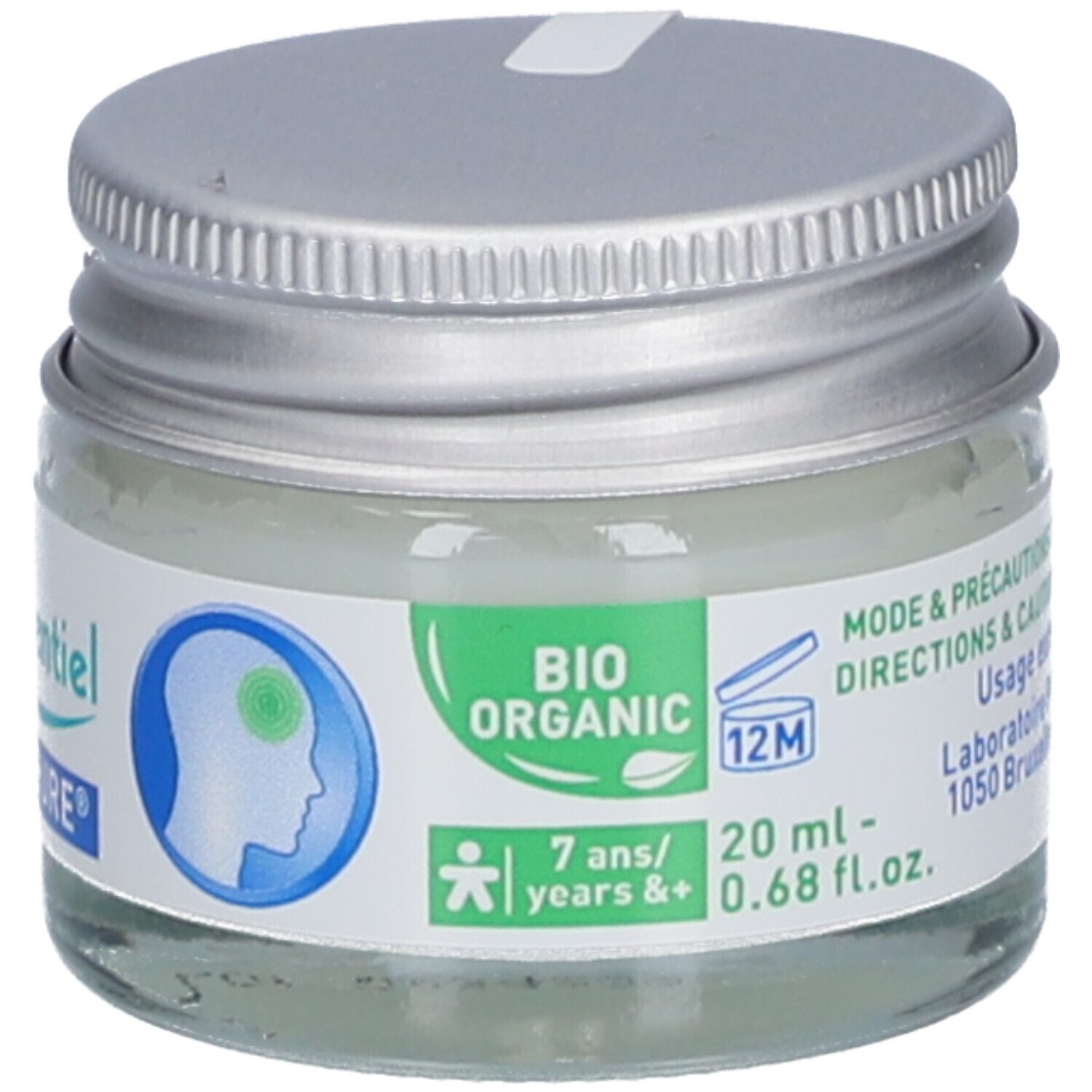 Glas mit silbernem Deckel. Aufschrift: 20 ml, 0.68 fl.oz. Bio-Siegel. 12M-Symbol.