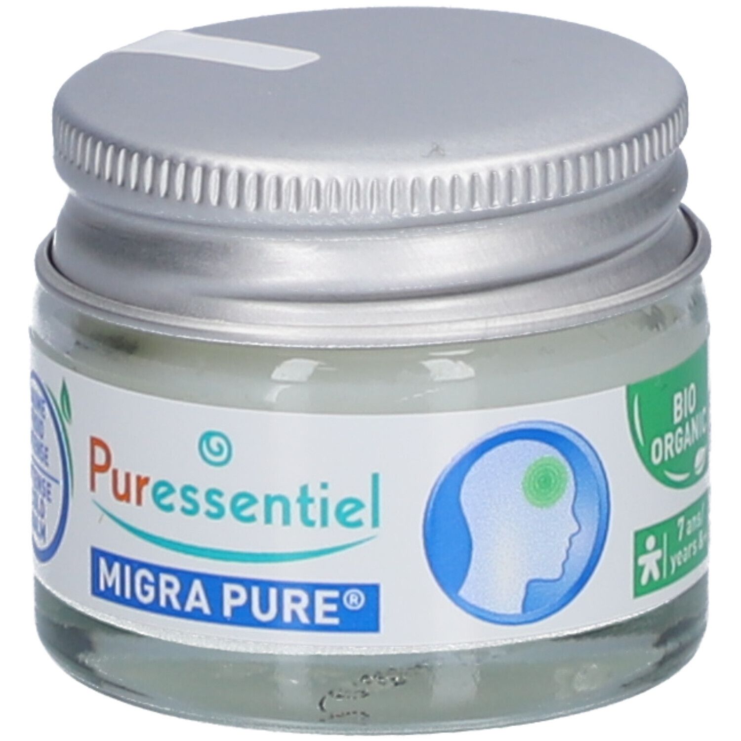 Glas mit silbernem Deckel. Aufschrift: Puressentiel, Migra Pure. Bio-Siegel. 7+ Jahre.