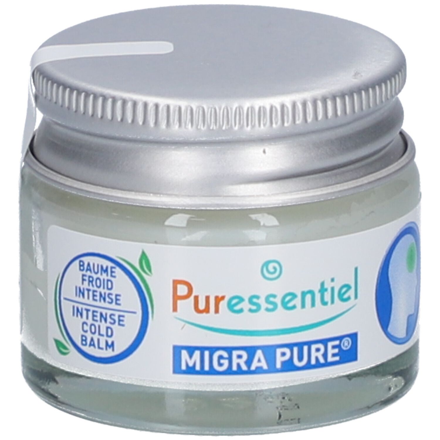 Glas mit silbernem Deckel. Aufschrift: Puressentiel, Migra Pure, Baume Froid Intense.