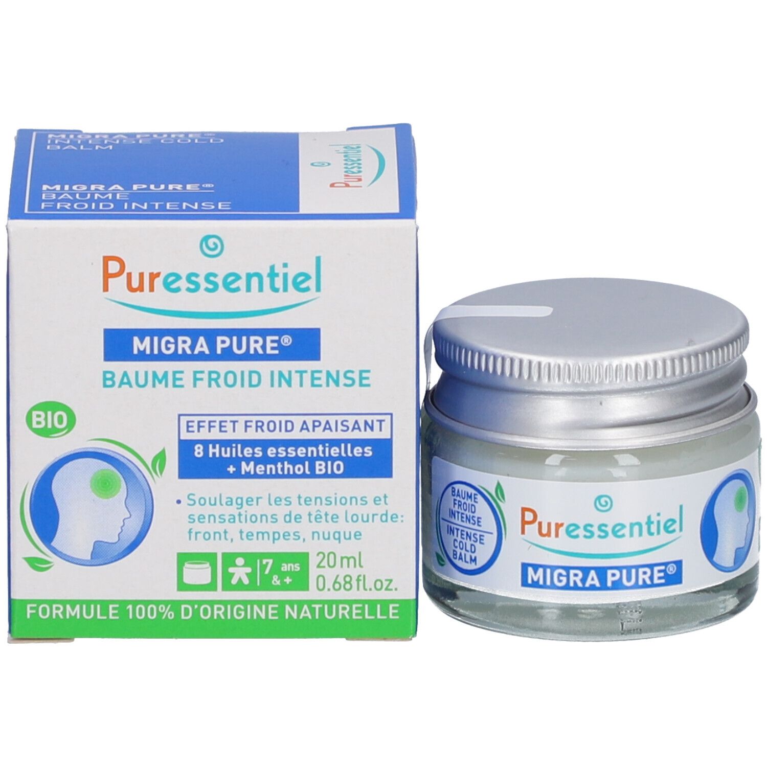 Produkt und Verpackung. Glas mit silbernem Deckel und Karton. Aufschrift: Puressentiel, Migra Pure.