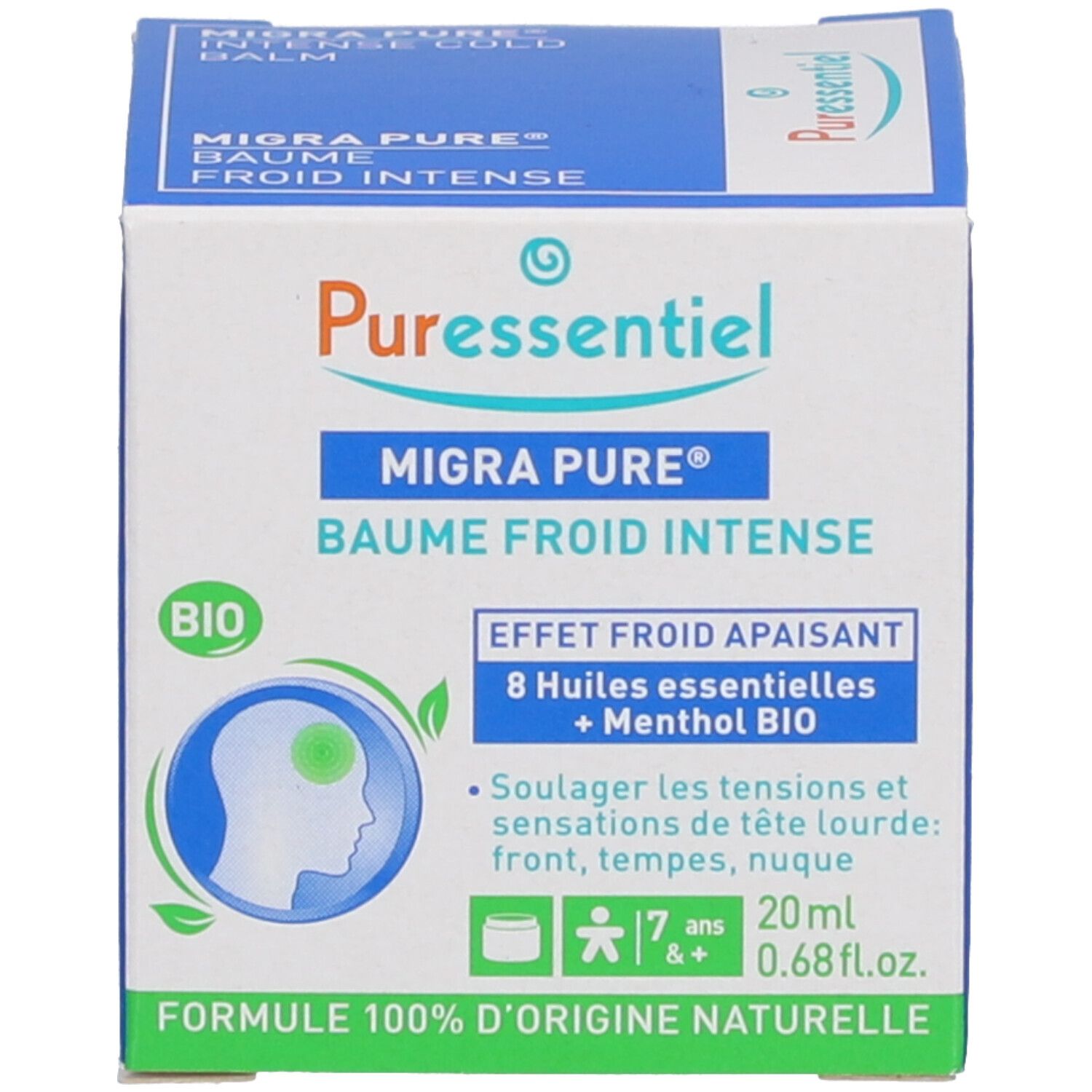 Verpackung. Karton mit Aufschrift: Puressentiel, Migra Pure, Baume Froid Intense. Bio-Siegel.