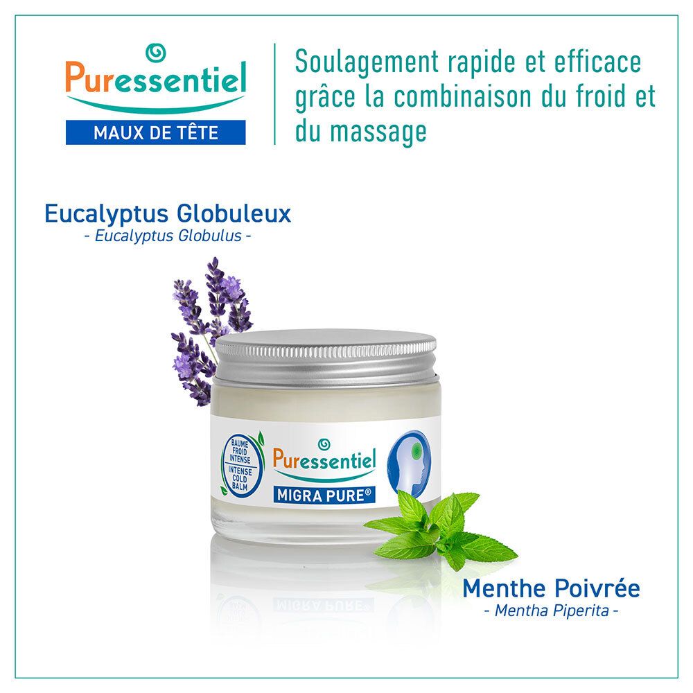 Puressentiel Migra Pure : pot avec eucalyptus et menthe.