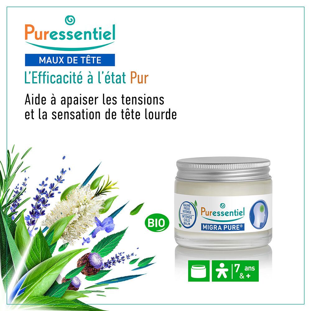 Puressentiel Migra Pure : pot avec herbes et sceau Bio.