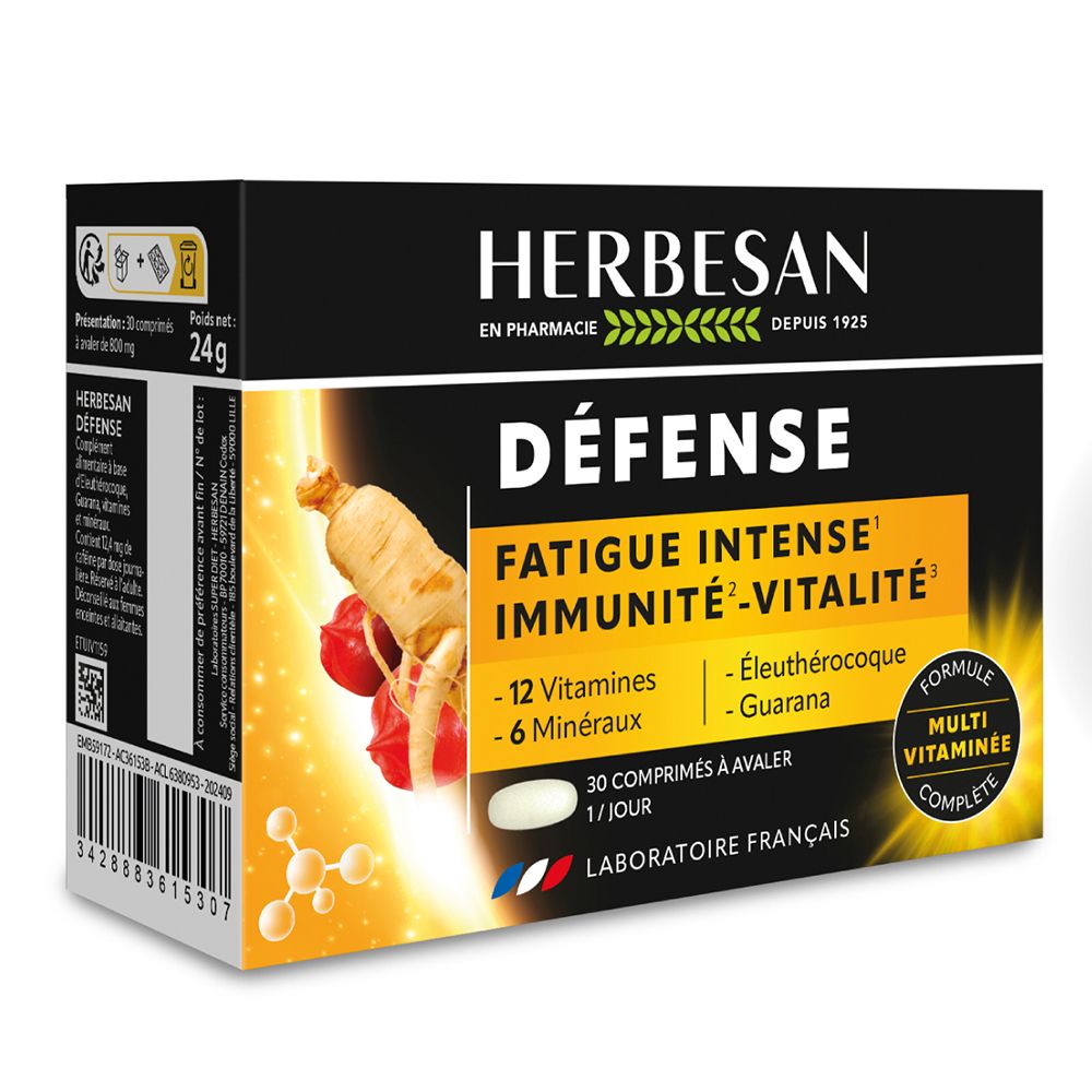 Schachtel mit Herbesan Défense. Enthält 30 Tabletten. Aufschrift: Fatigue intense, Immunité, Vitalité. Mit 12 Vitaminen und 6 Mineralien.
