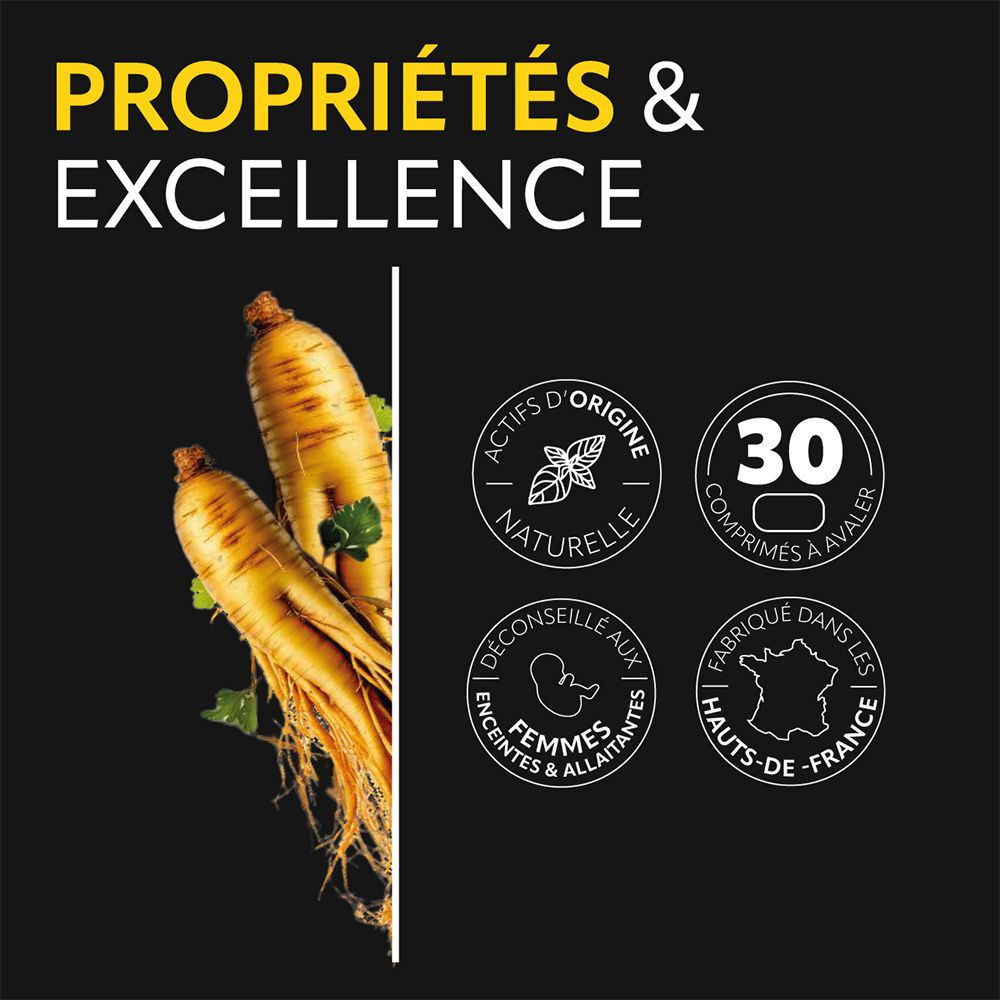 Schwarzer Hintergrund mit gelben Wurzeln. Kreisförmige Logos: Natürliche Herkunft, 30 Tabletten, nicht für Schwangere und Stillende, hergestellt in Frankreich.