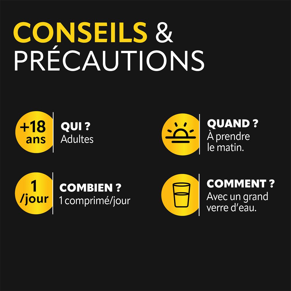 Anweisungen auf schwarzem Hintergrund. Erwachsene, morgens einnehmen, 1 Tablette pro Tag mit einem Glas Wasser.