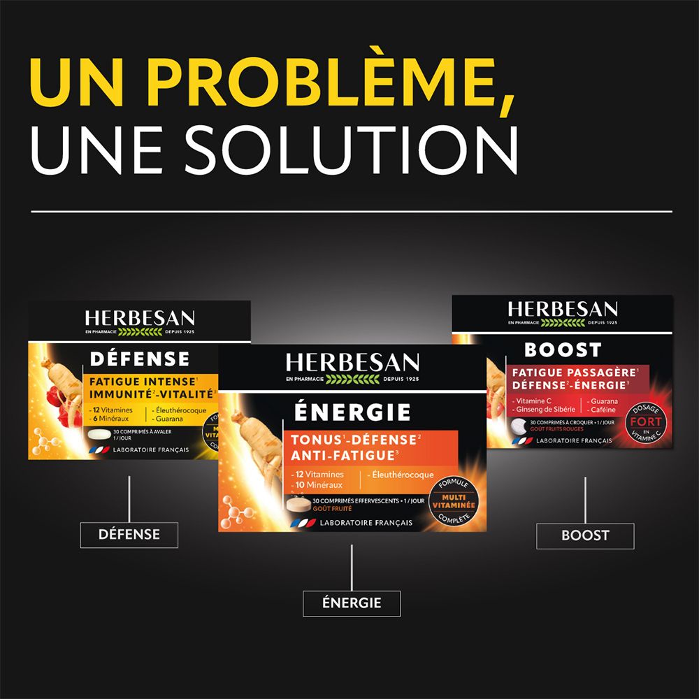 Drei Herbesan-Produktboxen. Défense, Energie und Boost. Défense: Fatigue intense, Immunité, Vitalité. Energie: Tonus, Défense, Anti-Fatigue.