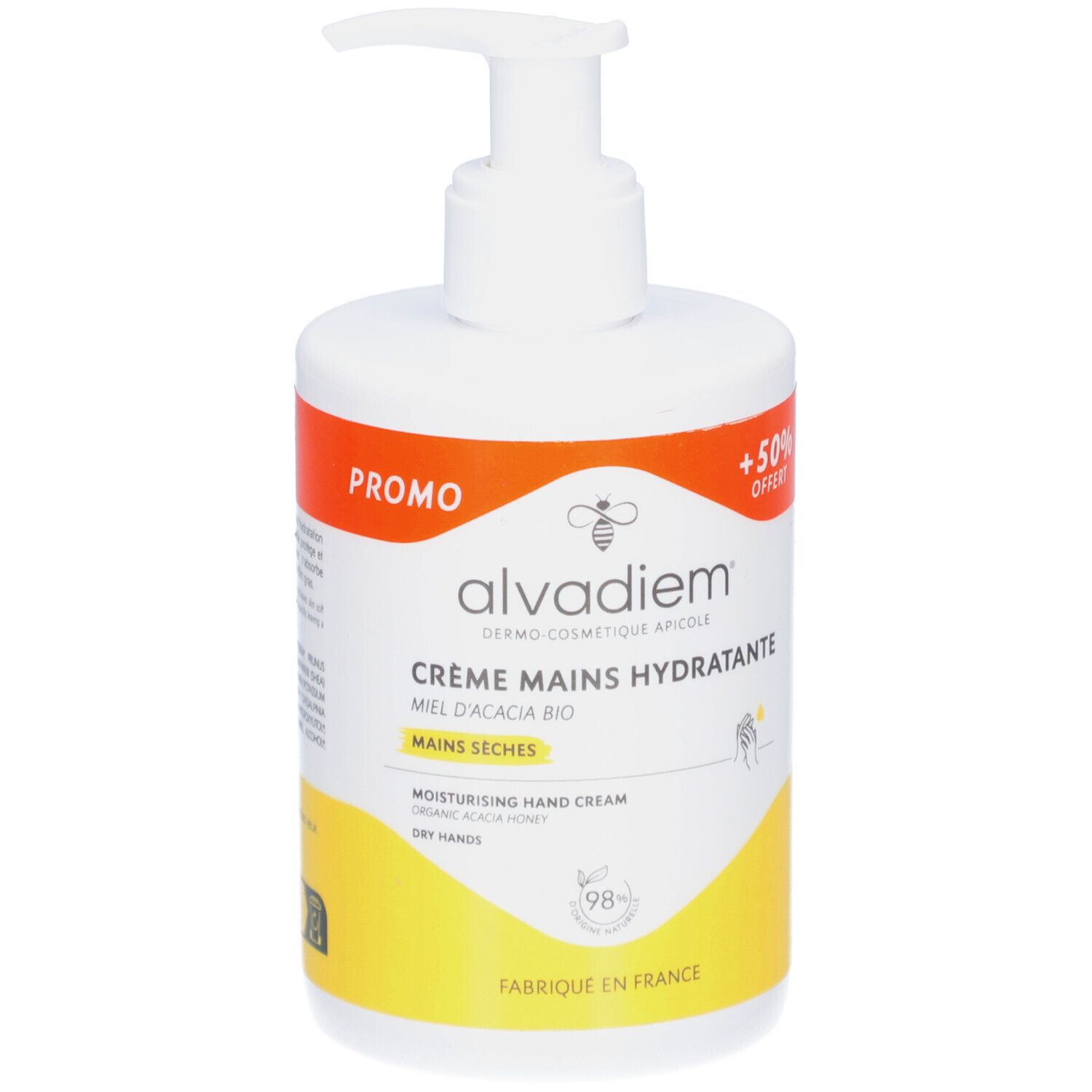 Weiße Flasche mit Pumpverschluss. Aufkleber mit Produktnamen und „Promo“-Hinweis. Gelber und oranger Hintergrund. Text: Crème Mains Hydratante.