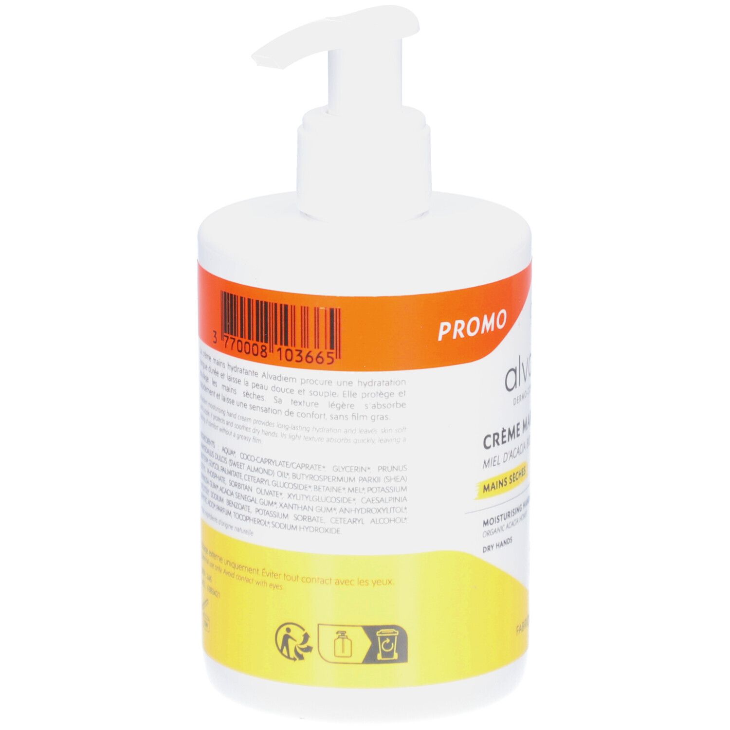 Rückseite der weißen Flasche mit Pumpverschluss. Etikett mit Text und Barcode. Gelber und oranger Hintergrund. Text: Crème Mains Hydratante.