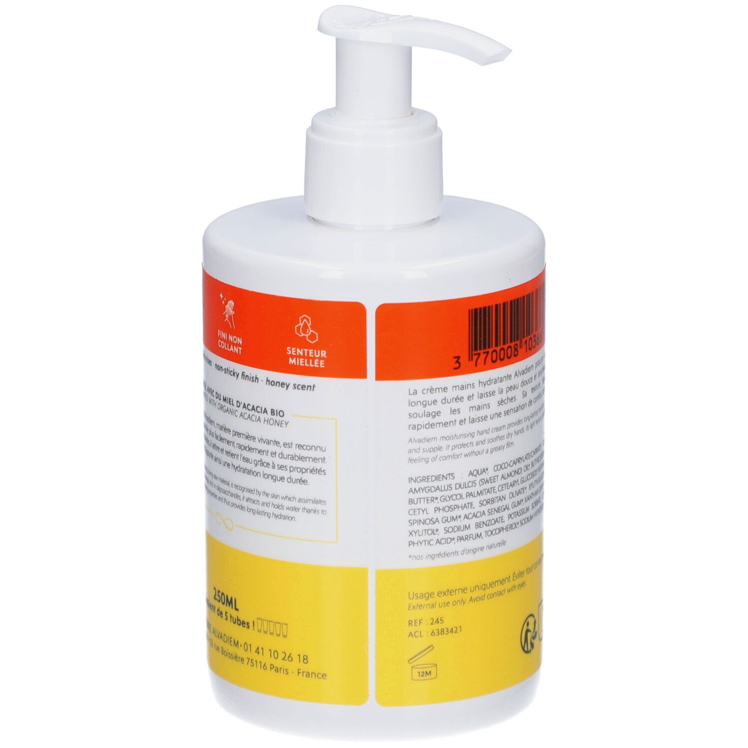 Rückseite der weißen Flasche mit Pumpverschluss. Etikett mit Text und Barcode. Gelber und oranger Hintergrund. Text: Crème Mains Hydratante.