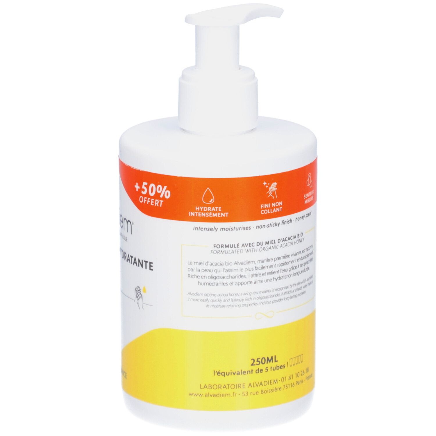 Weiße Flasche mit Pumpverschluss. Aufkleber mit Produktnamen und „Promo“-Hinweis. Gelber und oranger Hintergrund. Text: Crème Mains Hydratante.