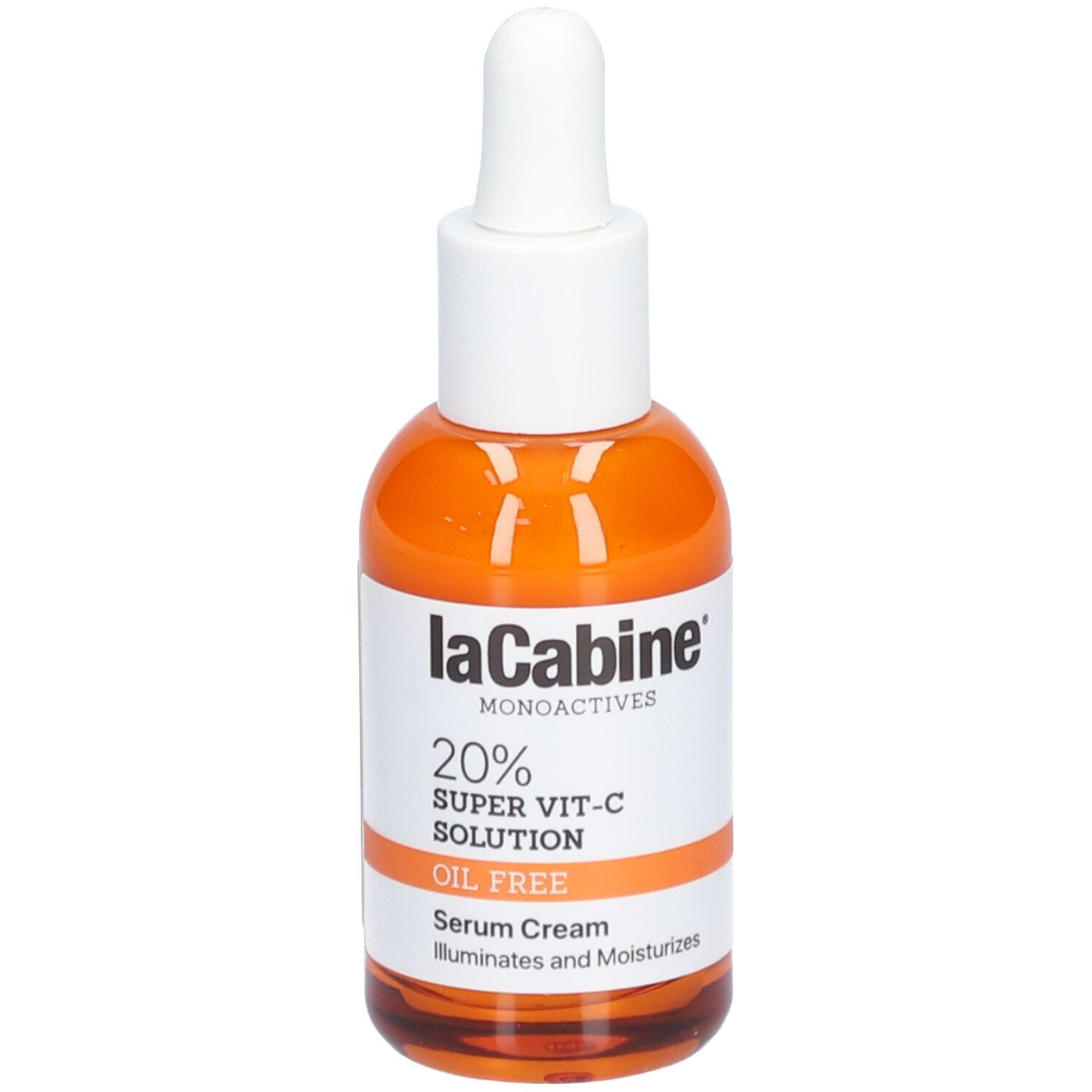Flacon orange avec bouchon blanc. Inscription: LaCabine, 20% Super Vit-C Solution, Oil Free, Serum Cream.