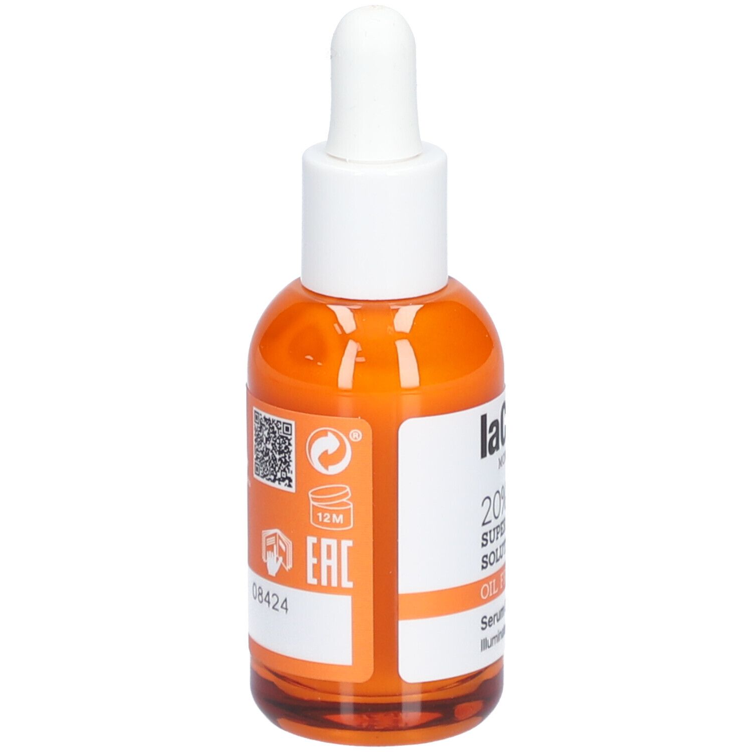 Dos d'un flacon orange avec bouchon blanc. Code QR, symboles et texte. LaCabine, 20% Super Vit-C Solution.