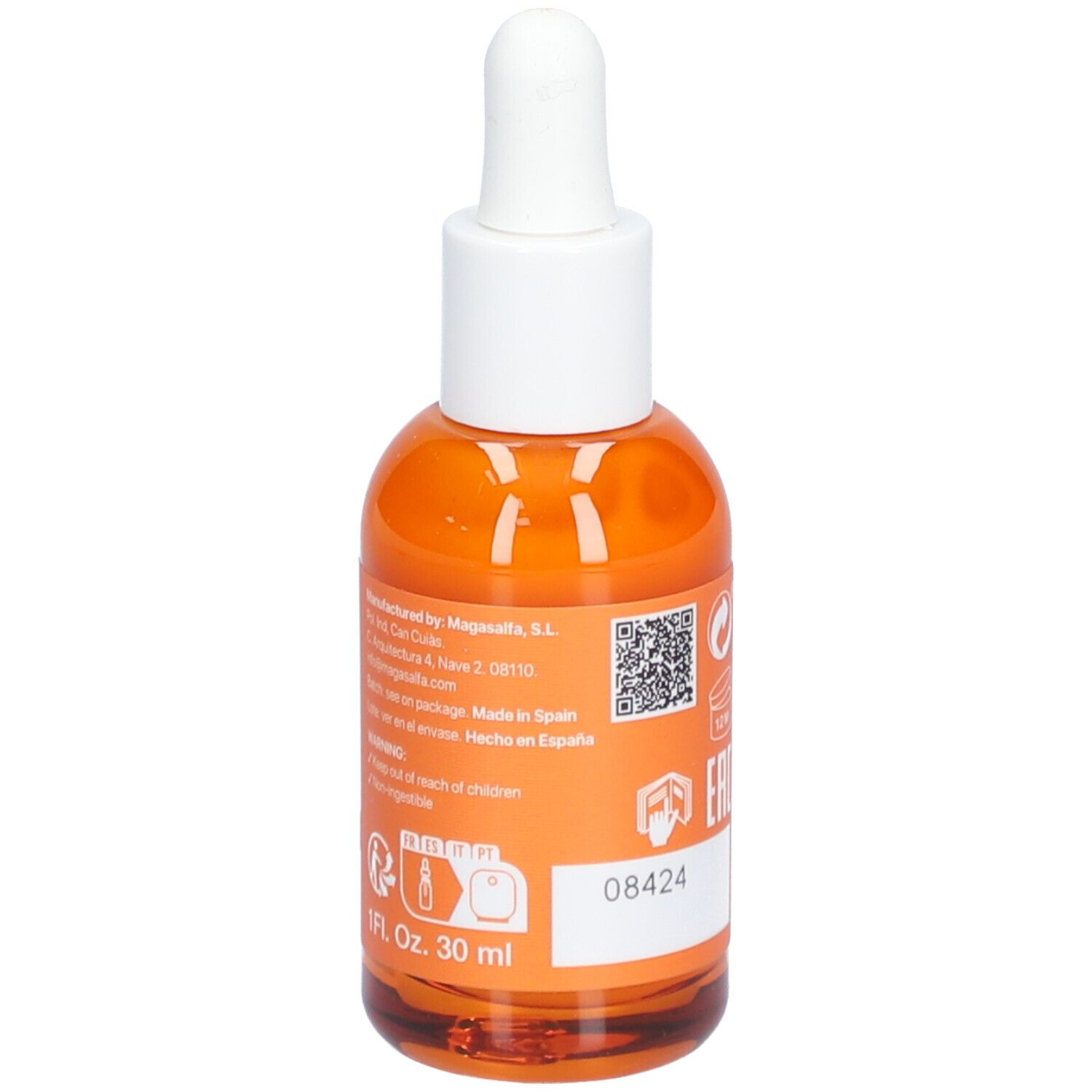 Dos d'un flacon orange avec bouchon blanc. Texte: LaCabine, 20% Super Vit-C Solution, 1 Fl. Oz. 30 ml.