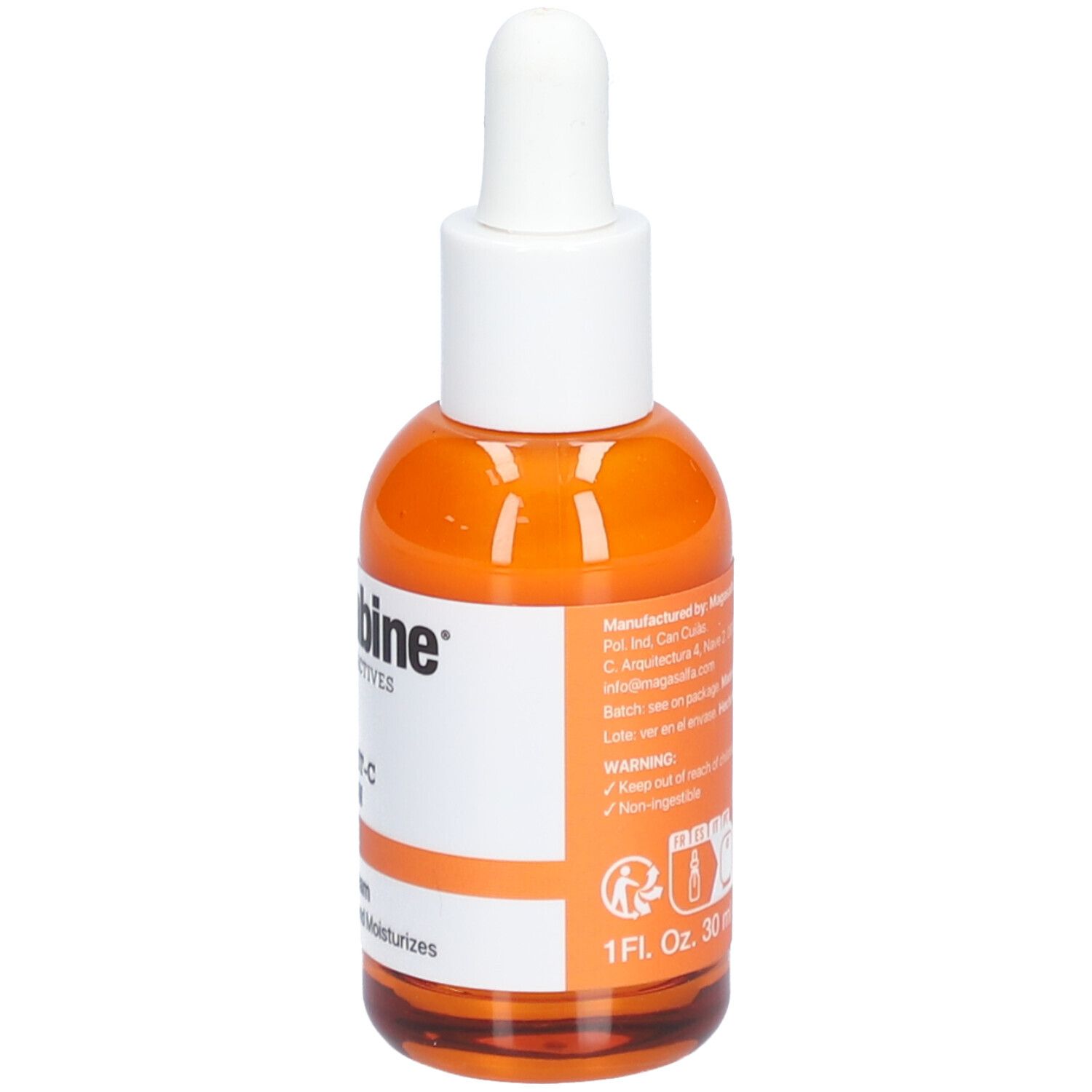 Dos d'un flacon orange avec bouchon blanc. Texte: LaCabine, 20% Super Vit-C Solution, 1 Fl. Oz. 30 ml.