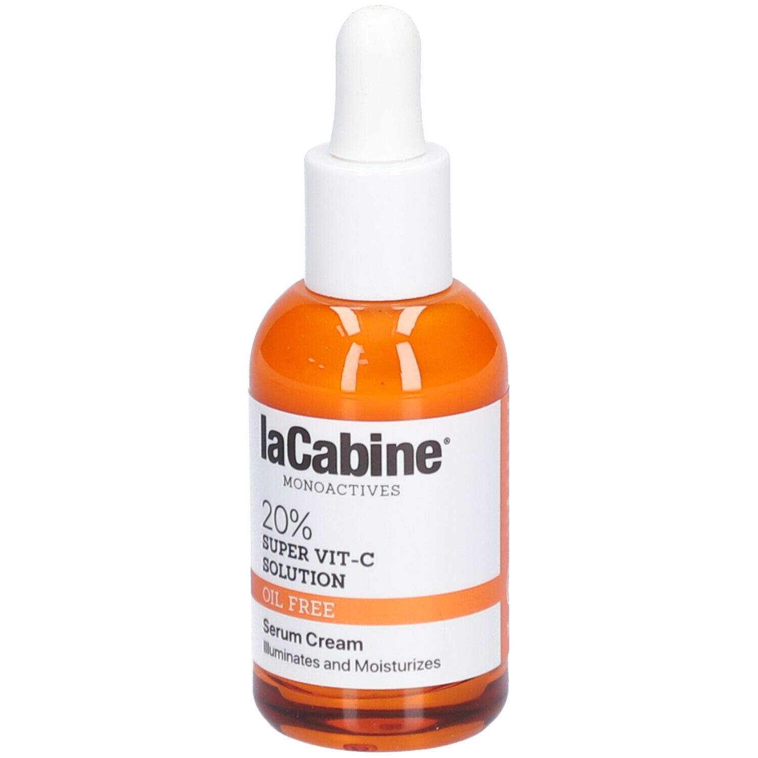 Flacon orange avec bouchon blanc. Inscription: LaCabine, 20% Super Vit-C Solution, Oil Free, Serum Cream.