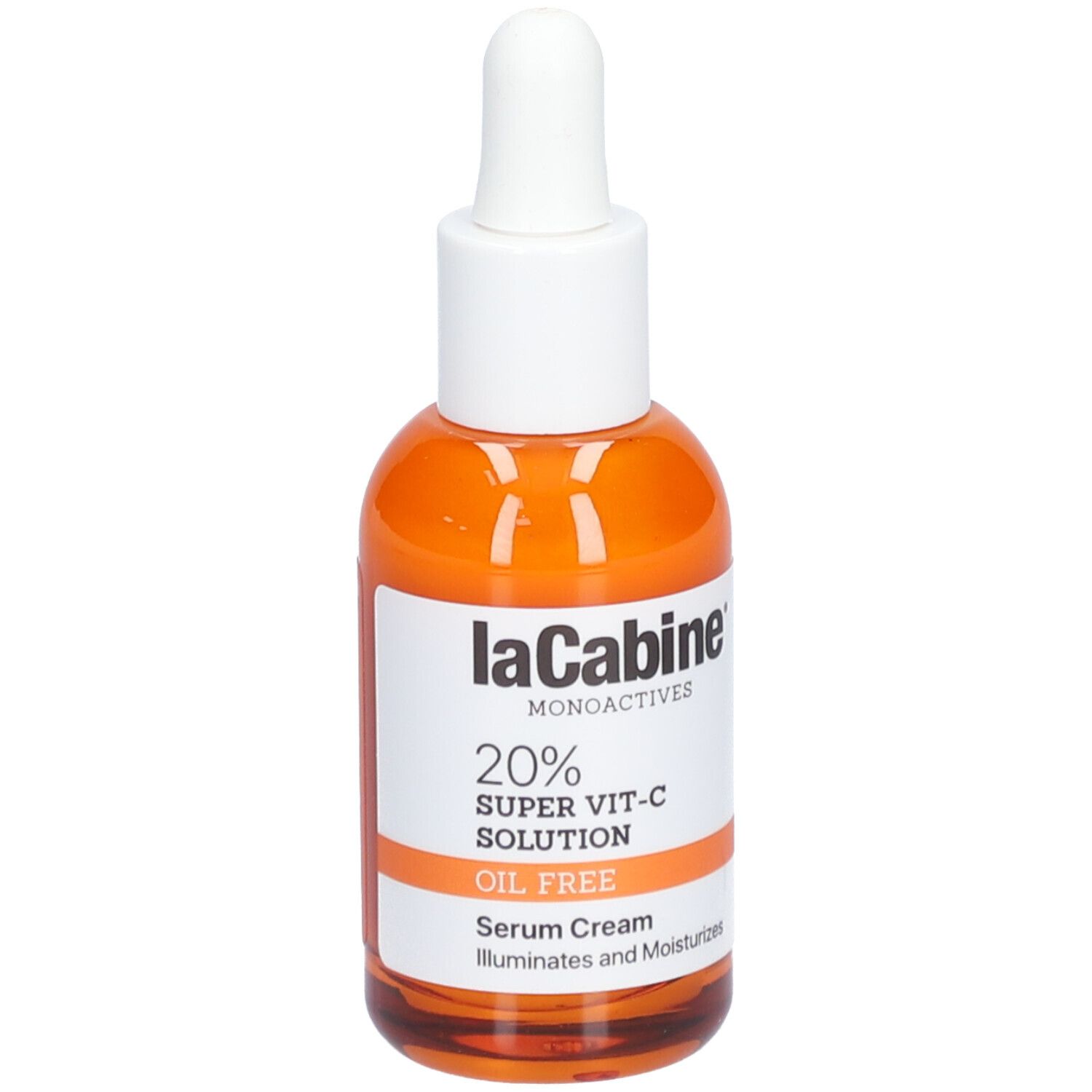 Flacon orange avec bouchon blanc. Inscription: LaCabine, 20% Super Vit-C Solution, Oil Free, Serum Cream.