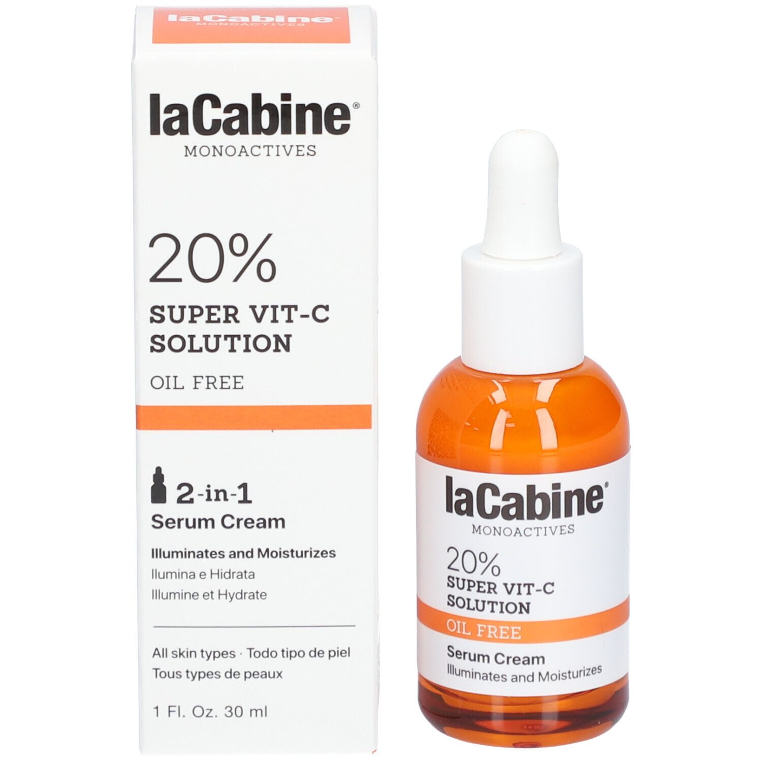 Emballage et flacon. Inscription: LaCabine, 20% Super Vit-C Solution, Oil Free, Serum Cream, 2-en-1.
