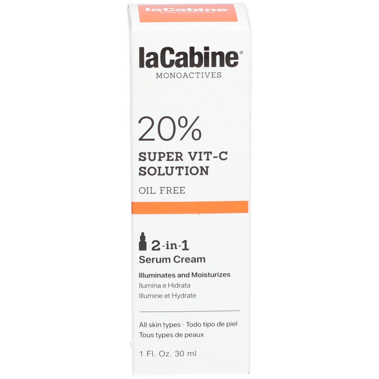 Emballage du produit. Inscription: LaCabine, 20% Super Vit-C Solution, Oil Free, Serum Cream, 2-en-1.