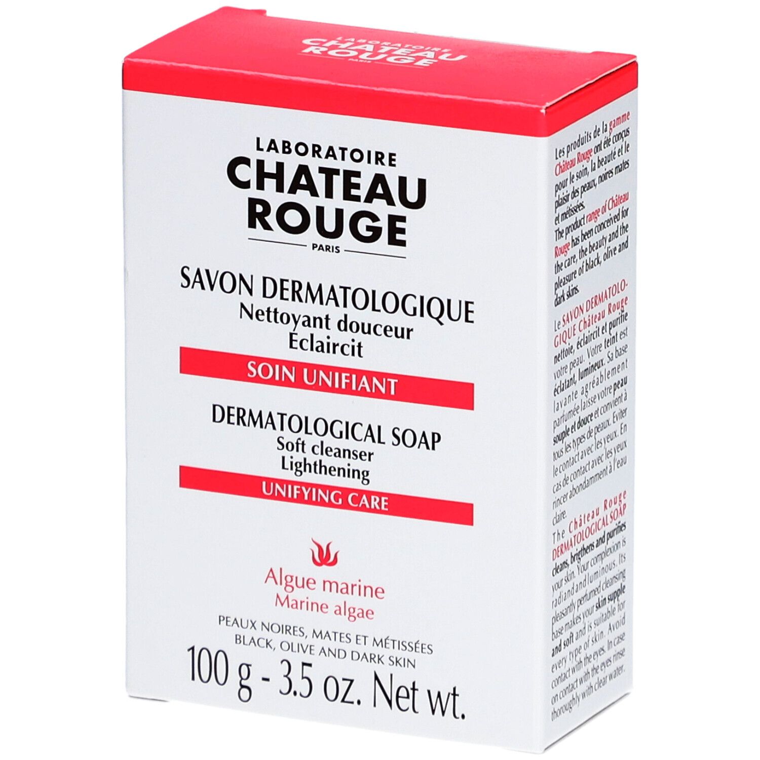 Weißer Karton mit roter Oberseite. Aufschrift: LABORATOIRE CHÂTEAU ROUGE, SAVON DERMATOLOGIQUE, dermatologische Seife, 100g.