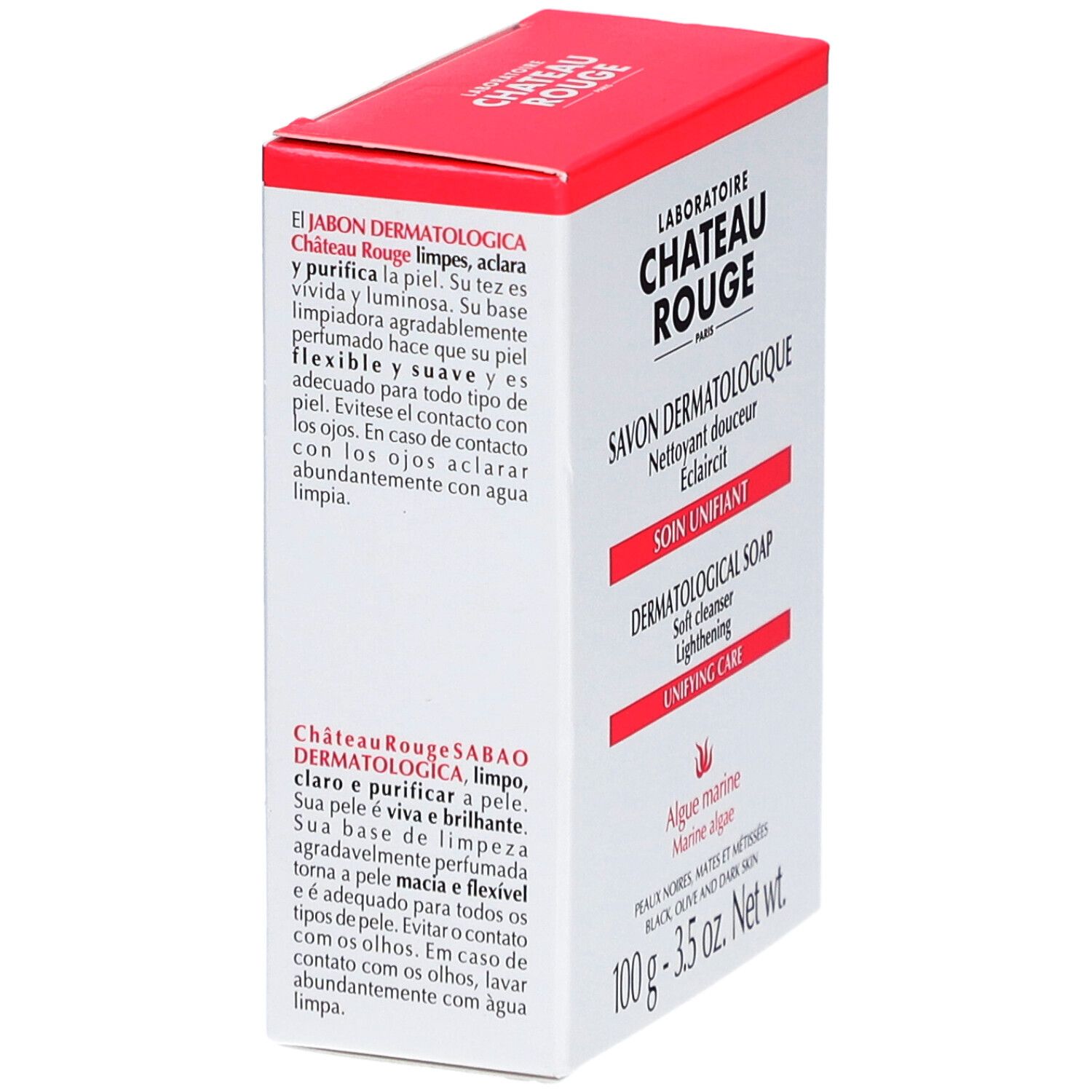 Schrägansicht einer weißen Schachtel mit roter Oberseite. Text: LABORATOIRE CHÂTEAU ROUGE, SAVON DERMATOLOGIQUE, dermatologische Seife.