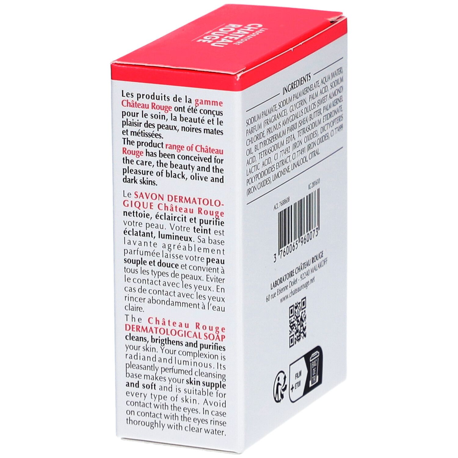 Schrägansicht einer weißen Schachtel mit roter Oberseite. Text: LE SAVON DERMATOLOGIQUE, LABORATOIRE CHÂTEAU ROUGE, Barcode.