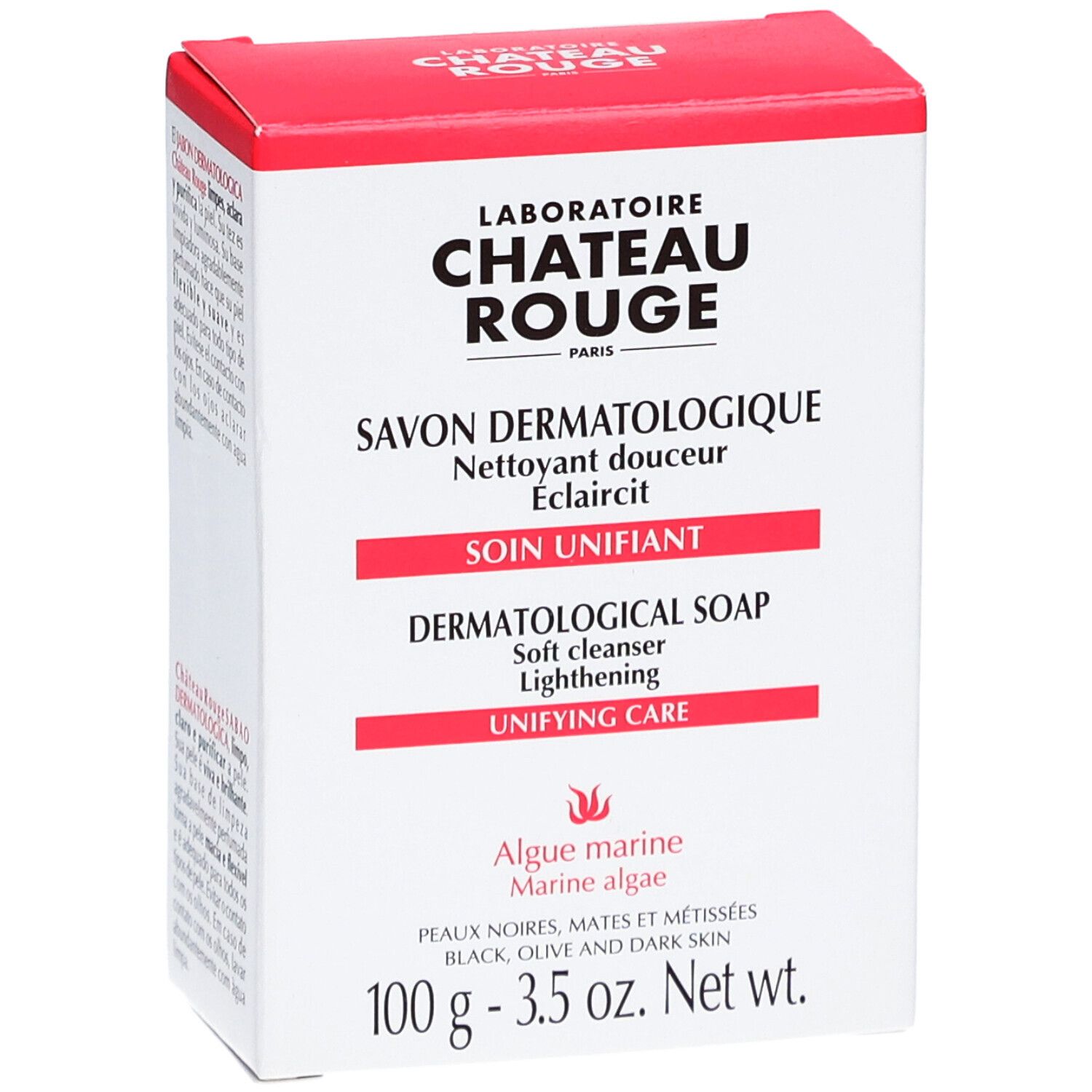 Weiße Schachtel mit roter Oberseite. Aufschrift: LABORATOIRE CHÂTEAU ROUGE, SAVON DERMATOLOGIQUE, dermatologische Seife, 100g.