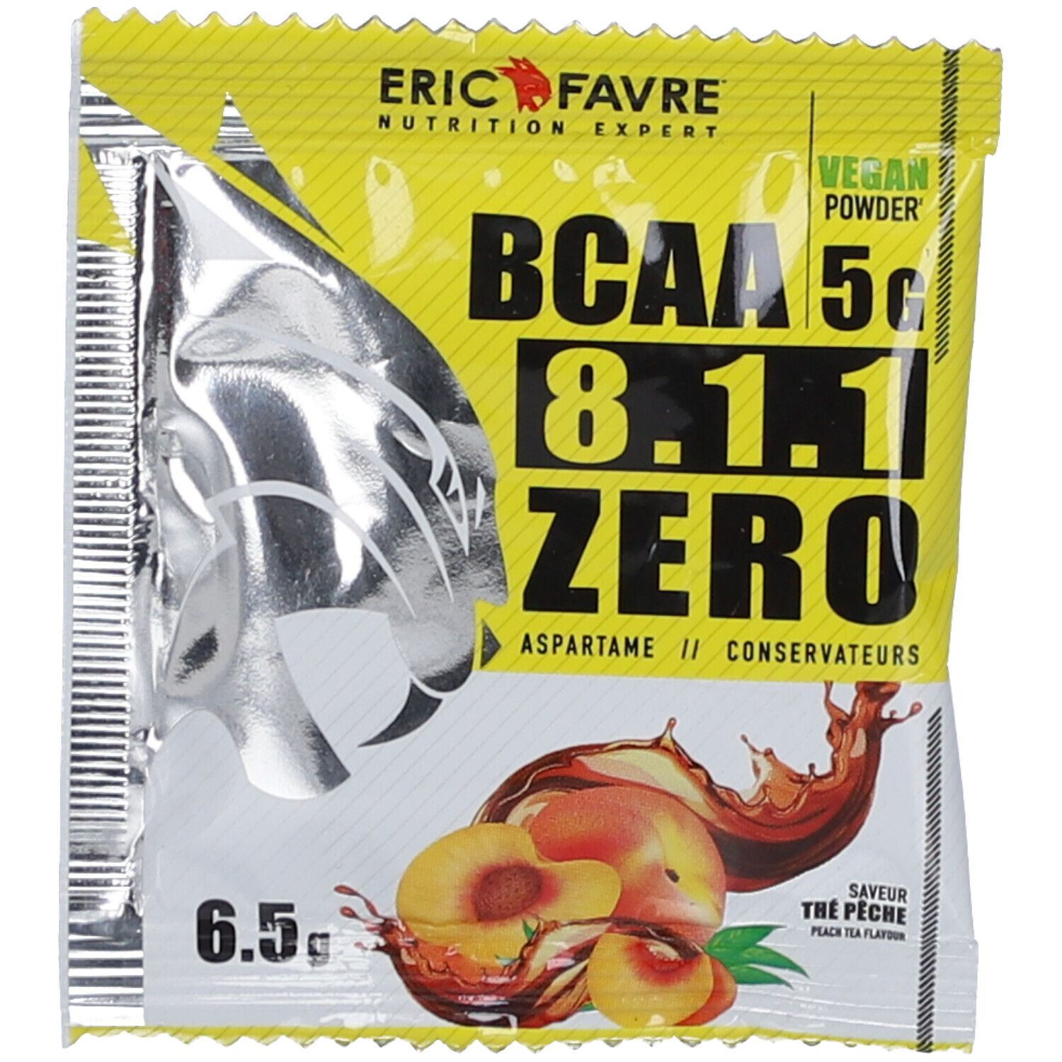 Sachet jaune BCAA 8.1.1 ZERO Vegan Powder. Saveur thé pêche. Contient 6,5g. Marque Eric Favre.