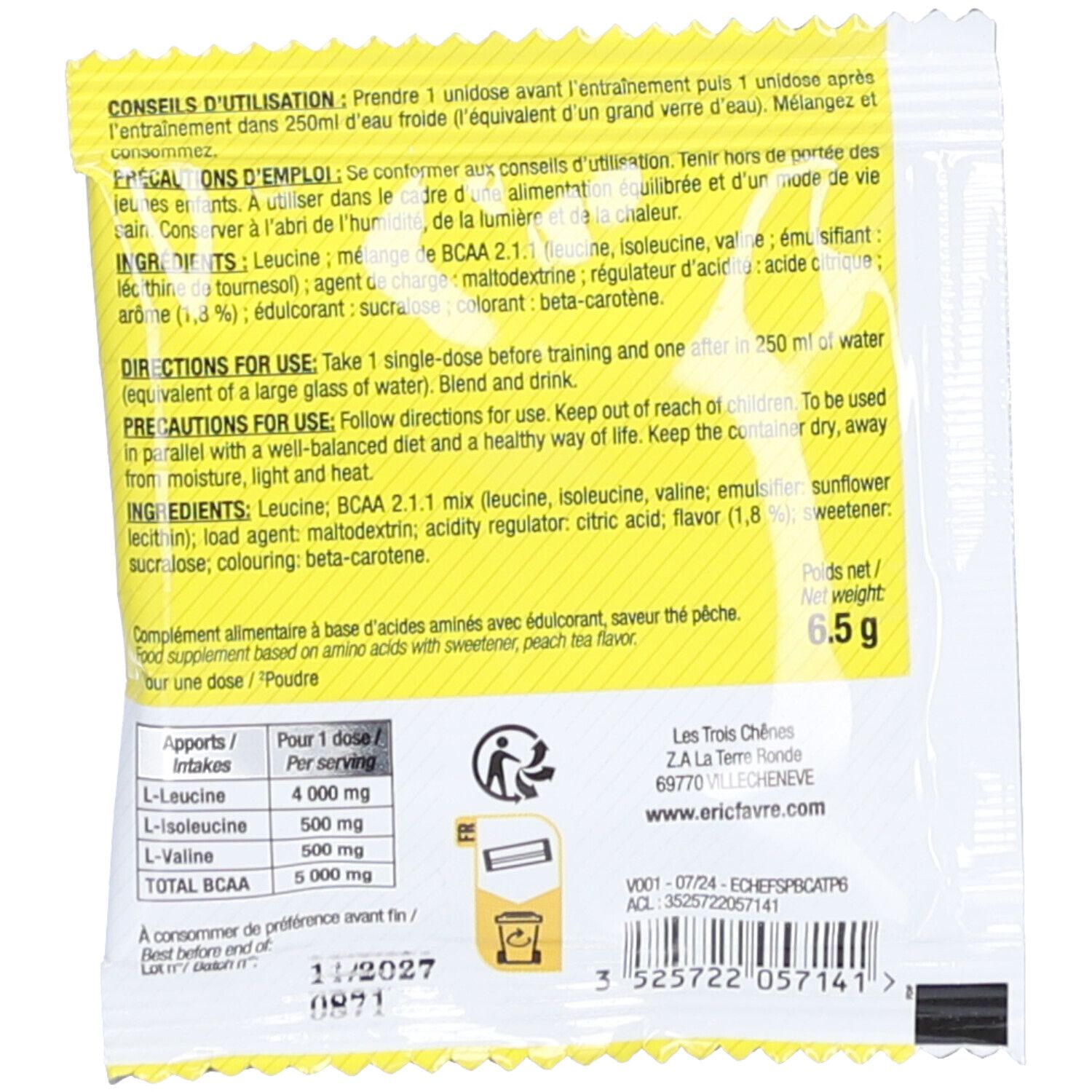 Dos du sachet BCAA 8.1.1 ZERO. Ingrédients, dosage et mode d'emploi. Poids net : 6,5 g.