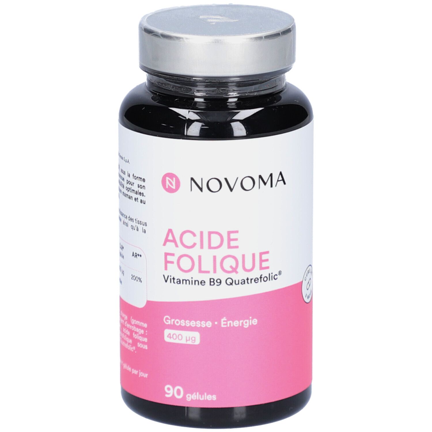 Schwarze Flasche mit NOVOMA ACIDE FOLIQUE. Enthält 90 Kapseln. Rosa Etikett mit Text.