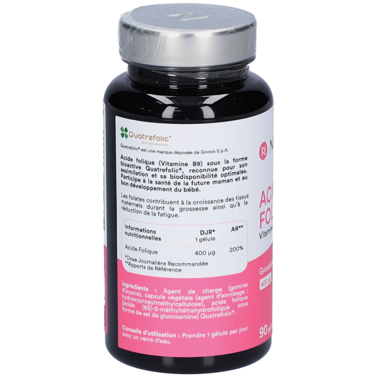 Rückseite der schwarzen Flasche NOVOMA ACIDE FOLIQUE. Enthält Informationen und Inhaltsstoffe.