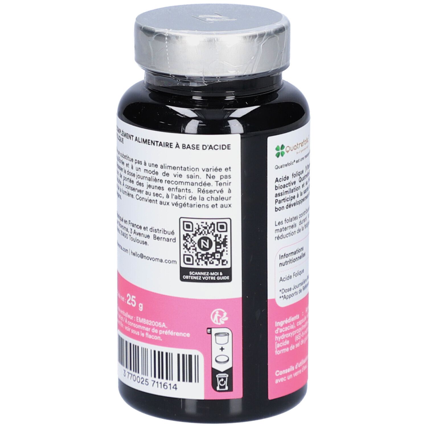 Rückseite der schwarzen Flasche NOVOMA ACIDE FOLIQUE. QR-Code und Informationen.