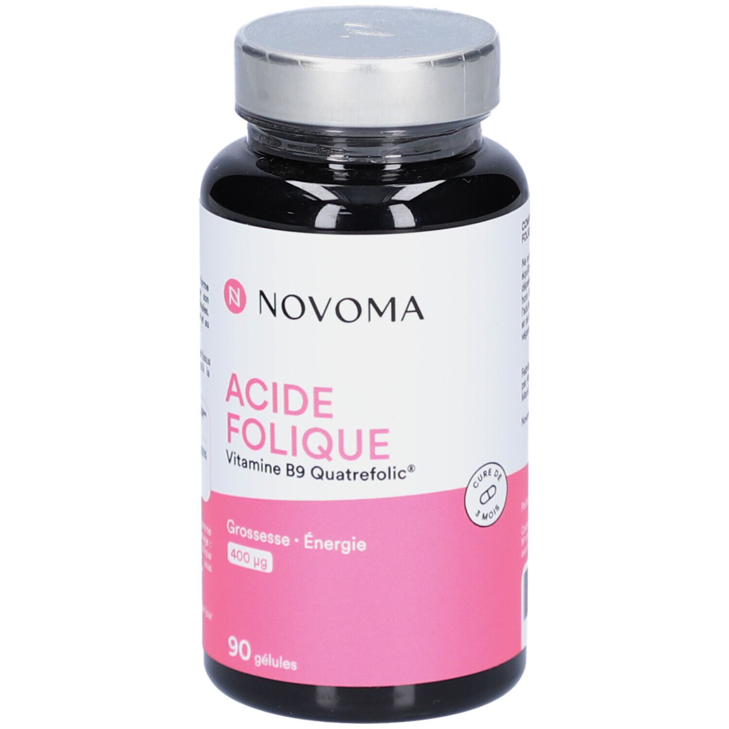 Schwarze Flasche NOVOMA ACIDE FOLIQUE. Rosa Etikett. 90 Kapseln. 2 Monate Kur.