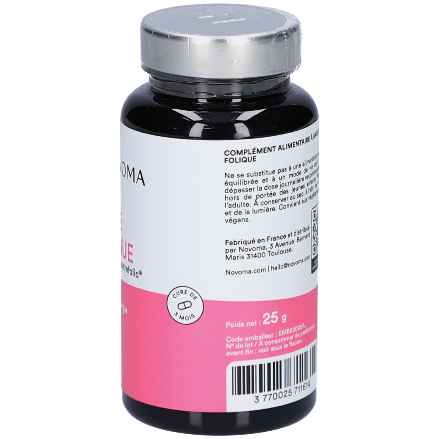 Rückseite der schwarzen Flasche NOVOMA ACIDE FOLIQUE. 2 Monate Kur. 25g.