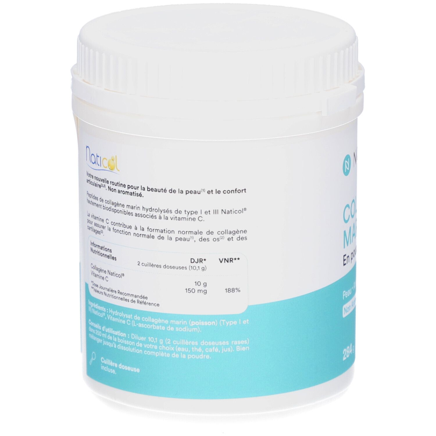 Dos du pot blanc. Texte: NOVOMA, COLLAGÈNE MARIN, En poudre. Informations nutritionnelles, ingrédients, code QR.