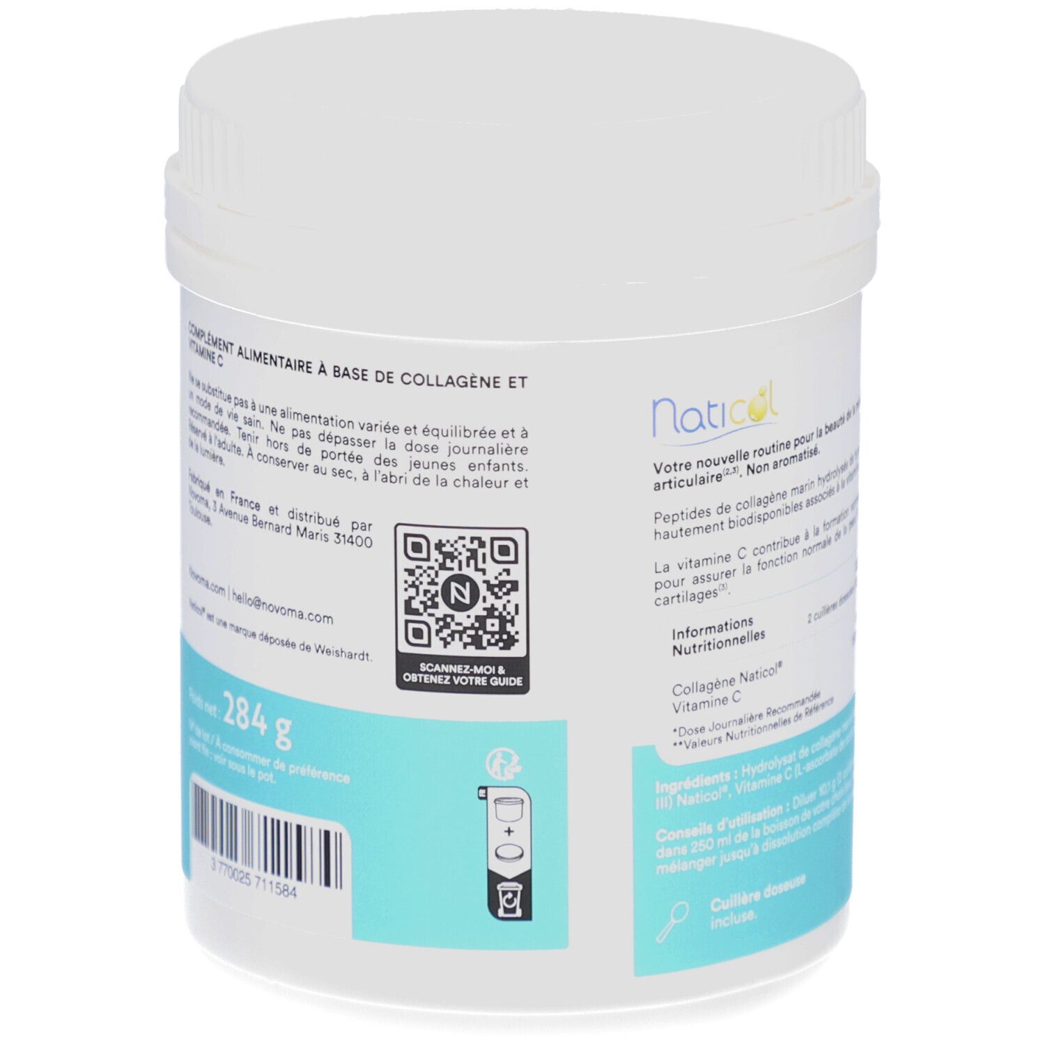 Dos du pot blanc. Texte: NOVOMA, COLLAGÈNE MARIN, En poudre. Code QR, informations nutritionnelles, 284 g.