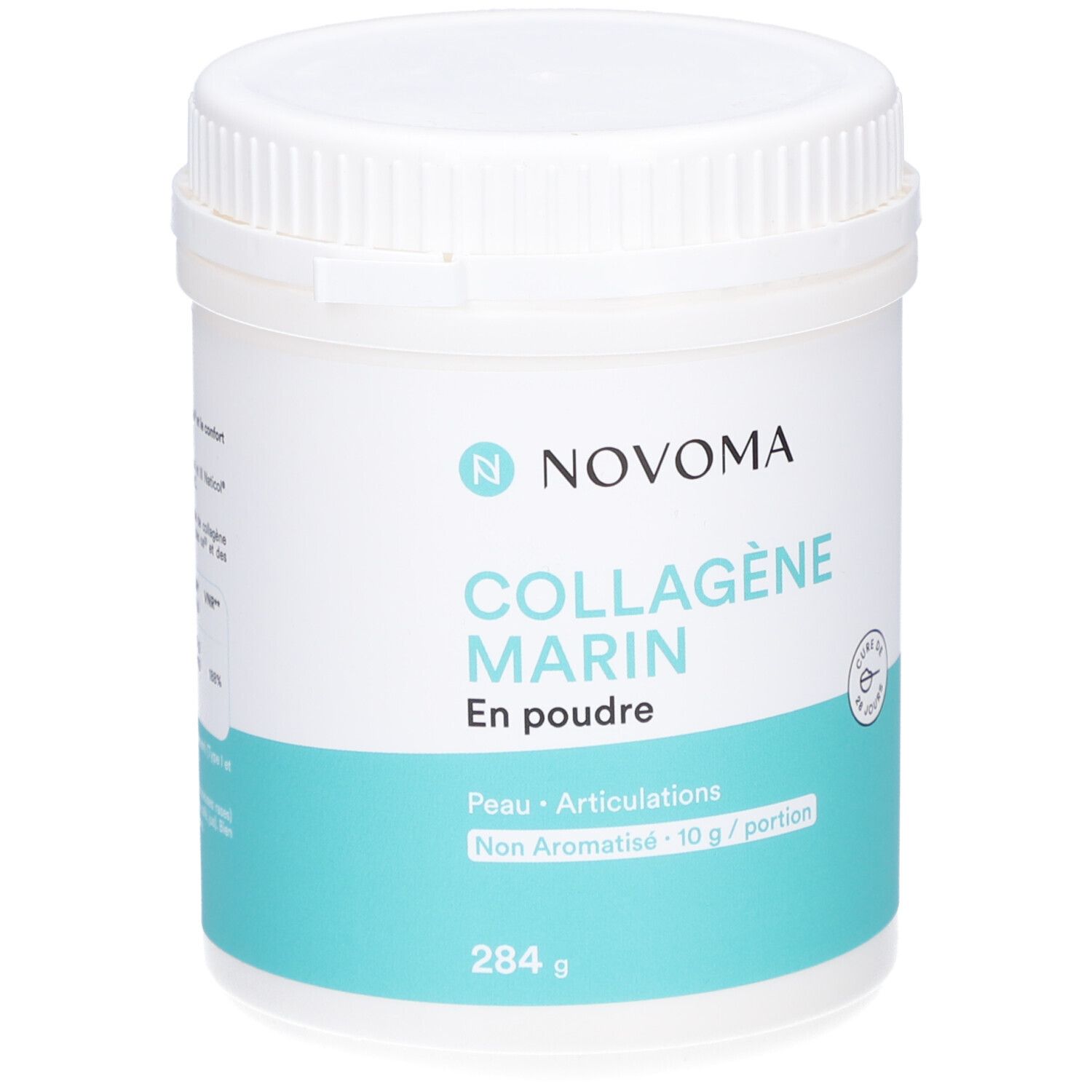 Pot blanc avec bande bleue. Inscription: NOVOMA, COLLAGÈNE MARIN, En poudre. 284 g. Pour peau et articulations.