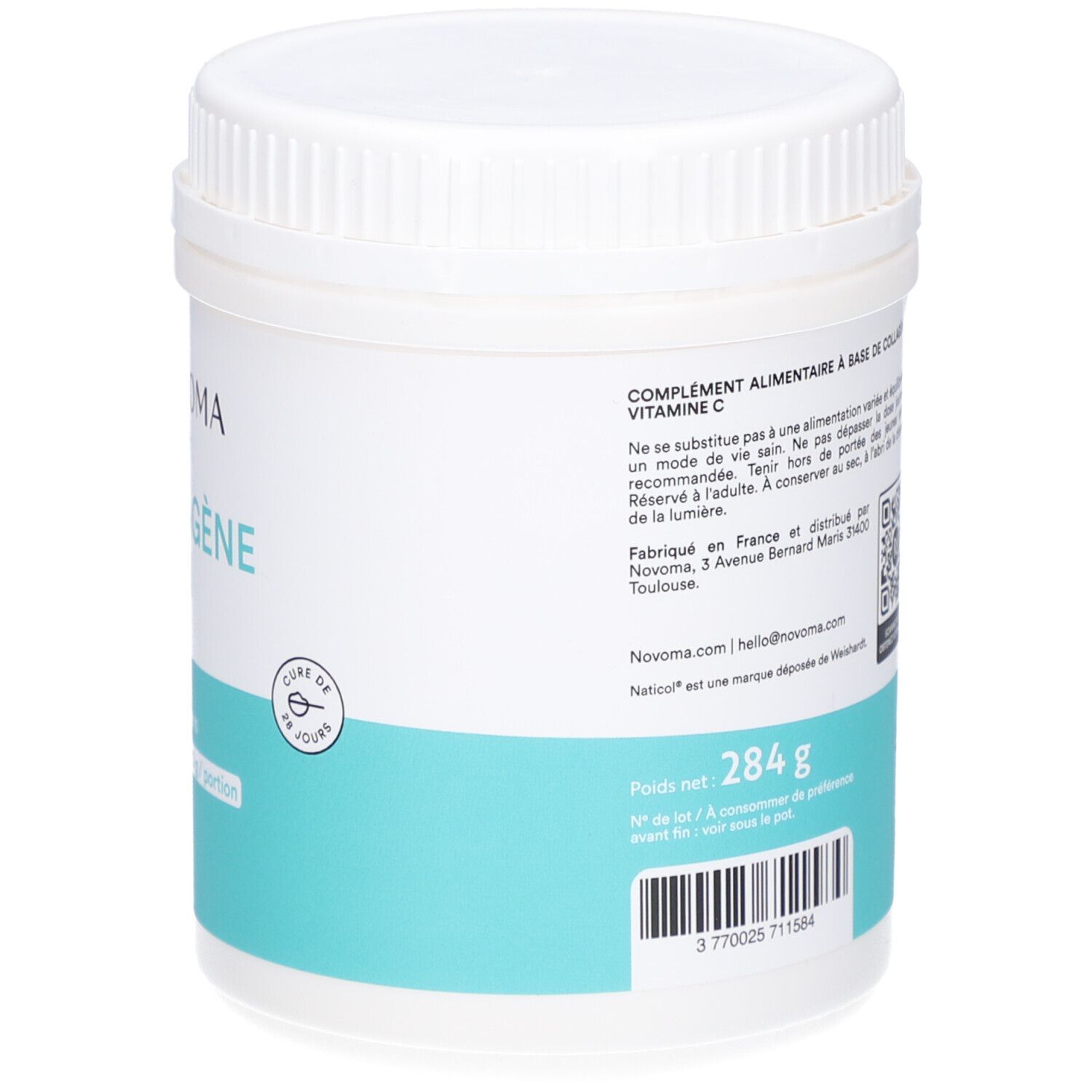 Dos du pot blanc. Texte: NOVOMA, COLLAGÈNE MARIN, En poudre. 284 g. A consommer de préférence avant.