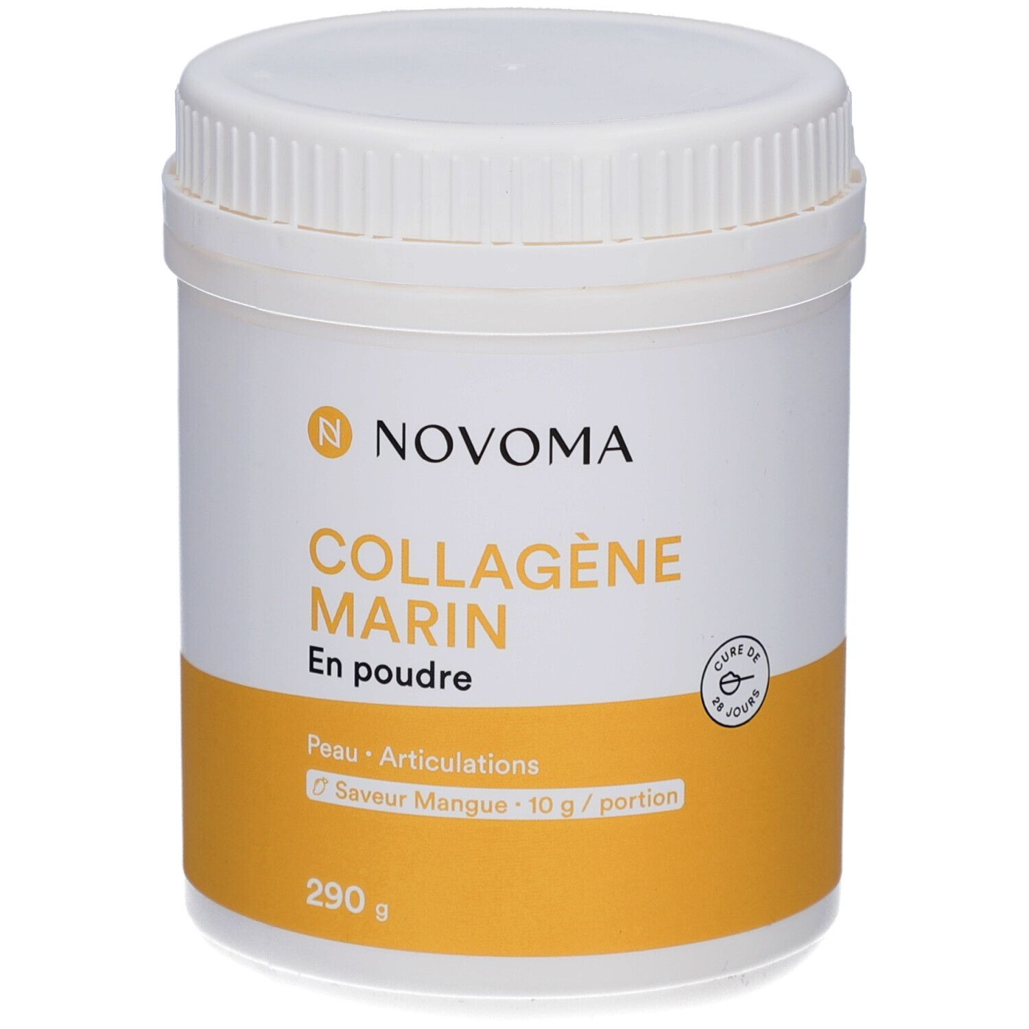 Weißes Produktglas mit gelbem Etikett. Aufschrift: NOVOMA, COLLAGÈNE MARIN, En poudre. 290 g.