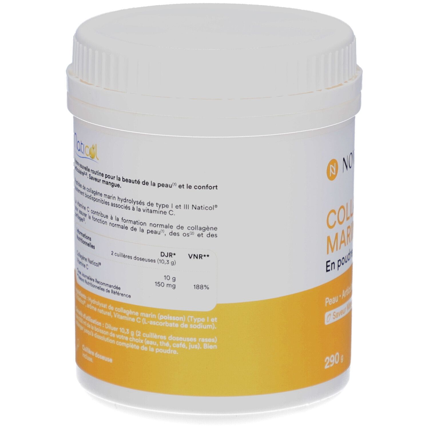 Produktglas mit gelbem Etikett. Enthält Informationen zu Inhaltsstoffen und Nährwerten. 290 g.