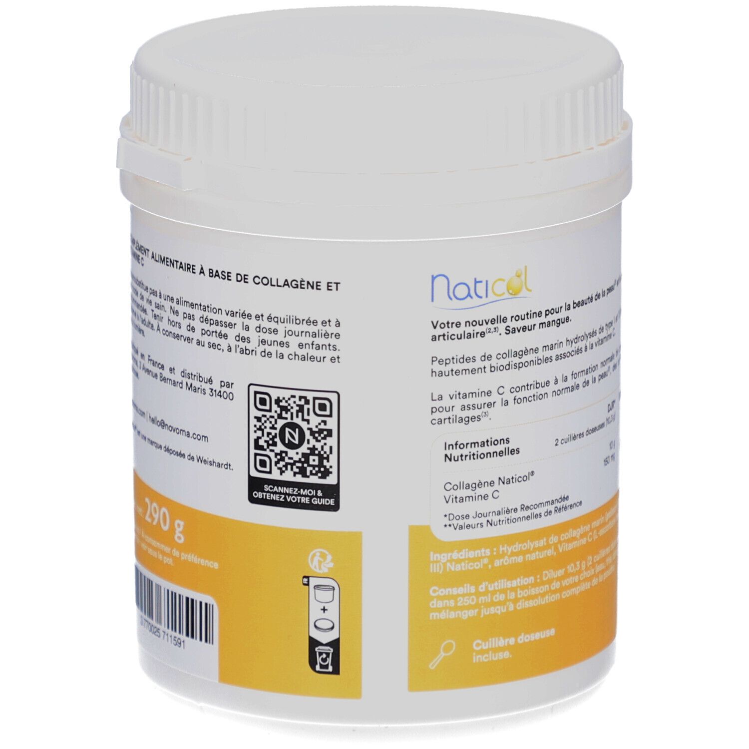 Rückseite des Produktglases mit gelbem Etikett. Enthält Informationen und QR-Code. 290 g.