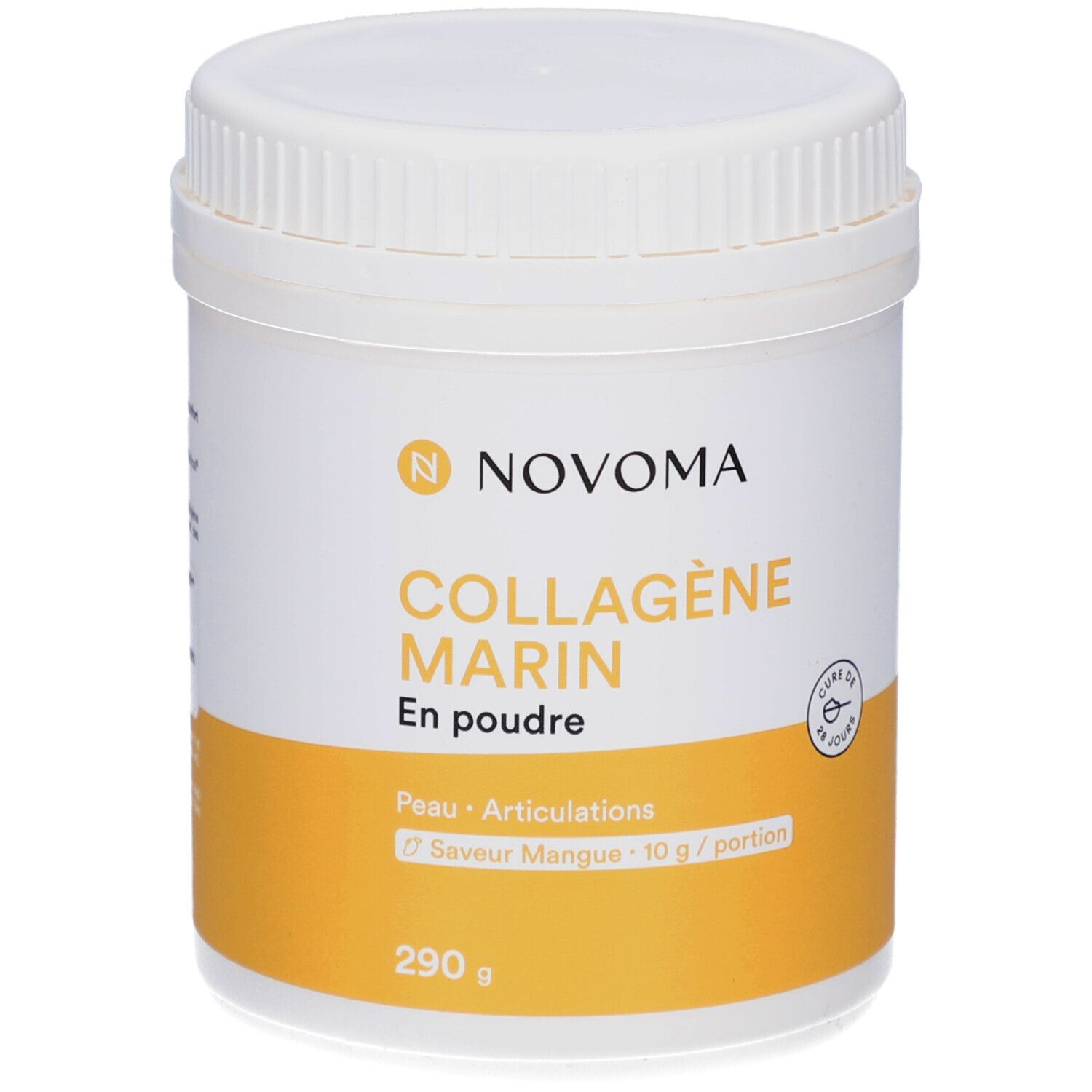 Weißes Produktglas mit gelbem Etikett. Aufschrift: NOVOMA, COLLAGÈNE MARIN, En poudre. 290 g.