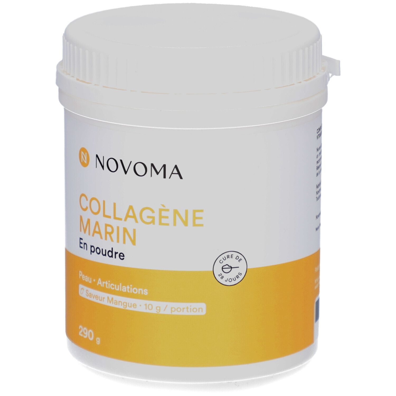 Weißes Produktglas mit gelbem Etikett. Aufschrift: NOVOMA, COLLAGÈNE MARIN, En poudre. 290 g.
