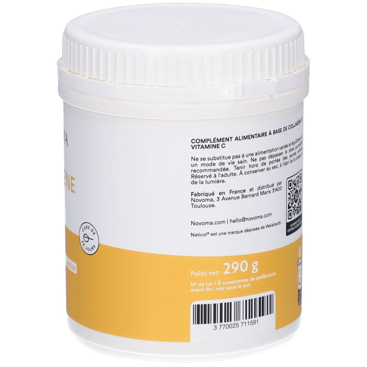 Rückseite des Produktglases mit gelbem Etikett. Enthält Informationen und QR-Code. 290 g.