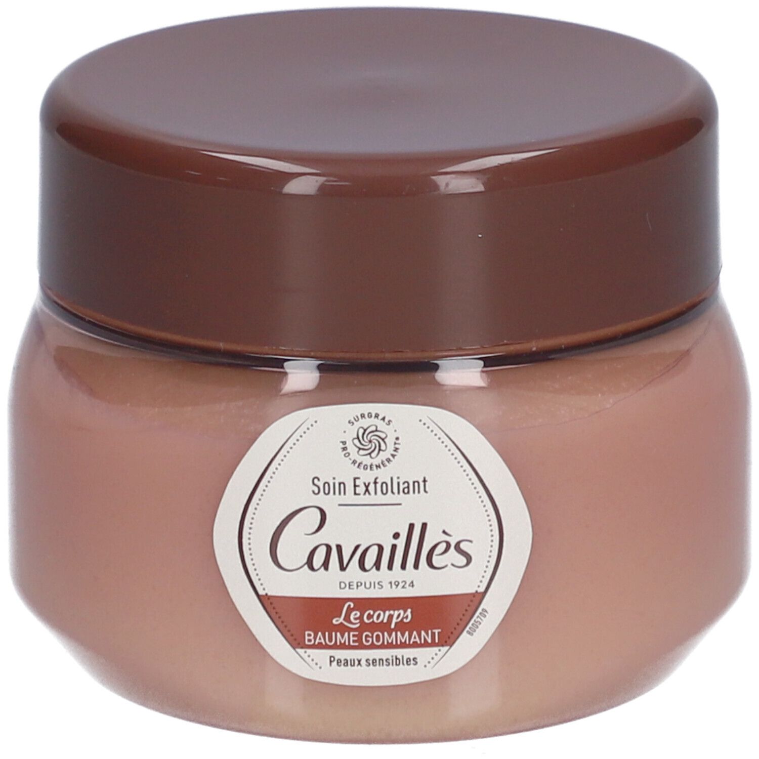 Pot avec couvercle marron. Étiquette avec texte: Soin Exfoliant, Cavaillès, Le Corps, Baume Gommant. Contenu rose visible.