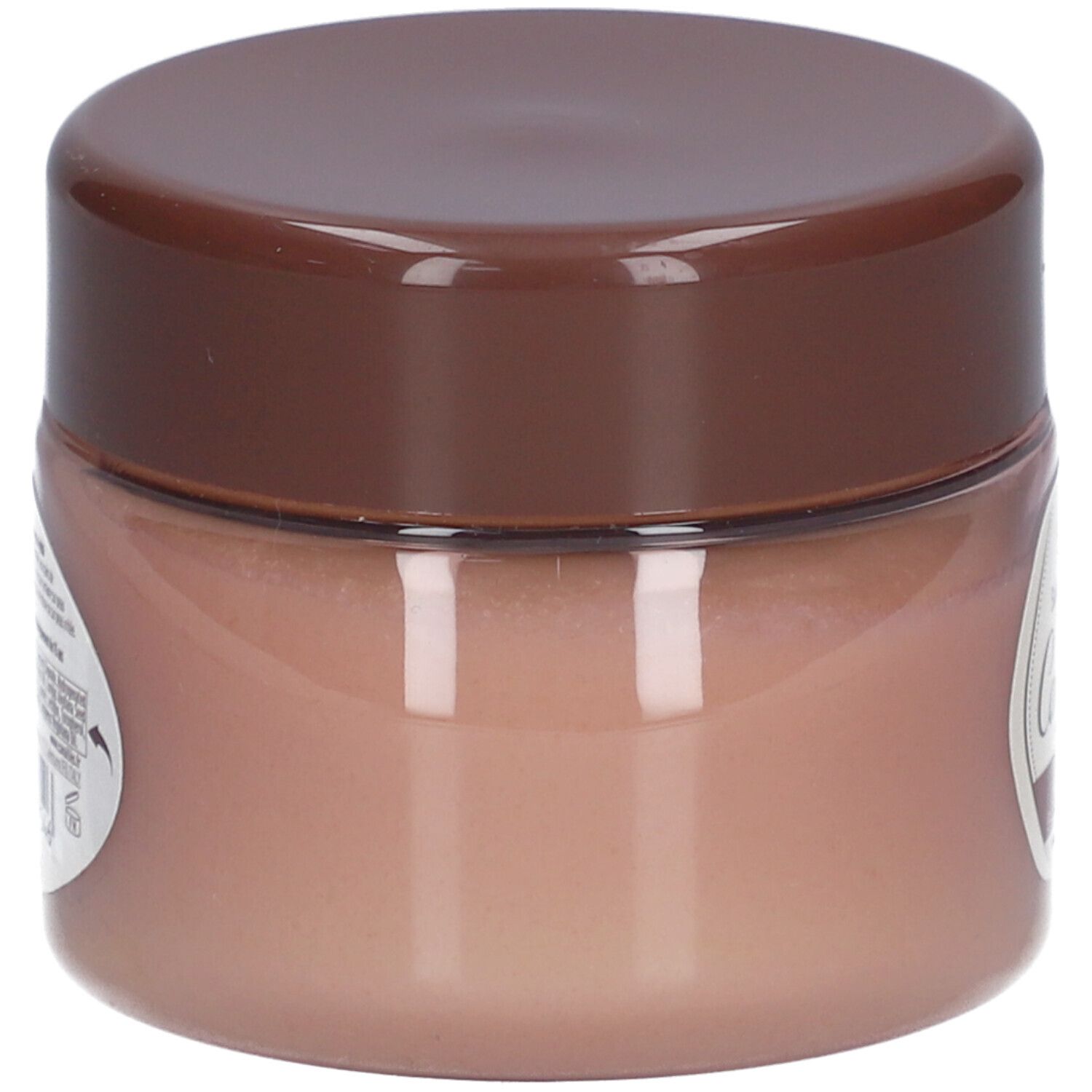 Récipient cylindrique avec couvercle marron. Contenu rose visible. Étiquette avec texte.