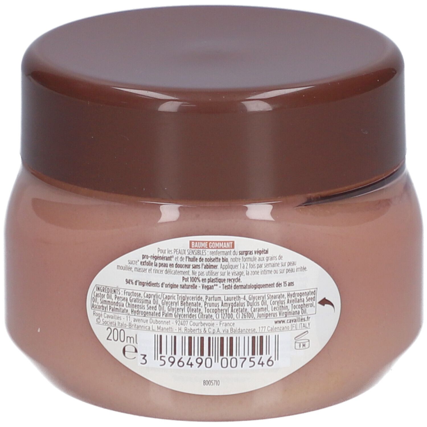 Pot avec couvercle marron. Dos avec texte et informations sur les ingrédients. Contenu rose visible.