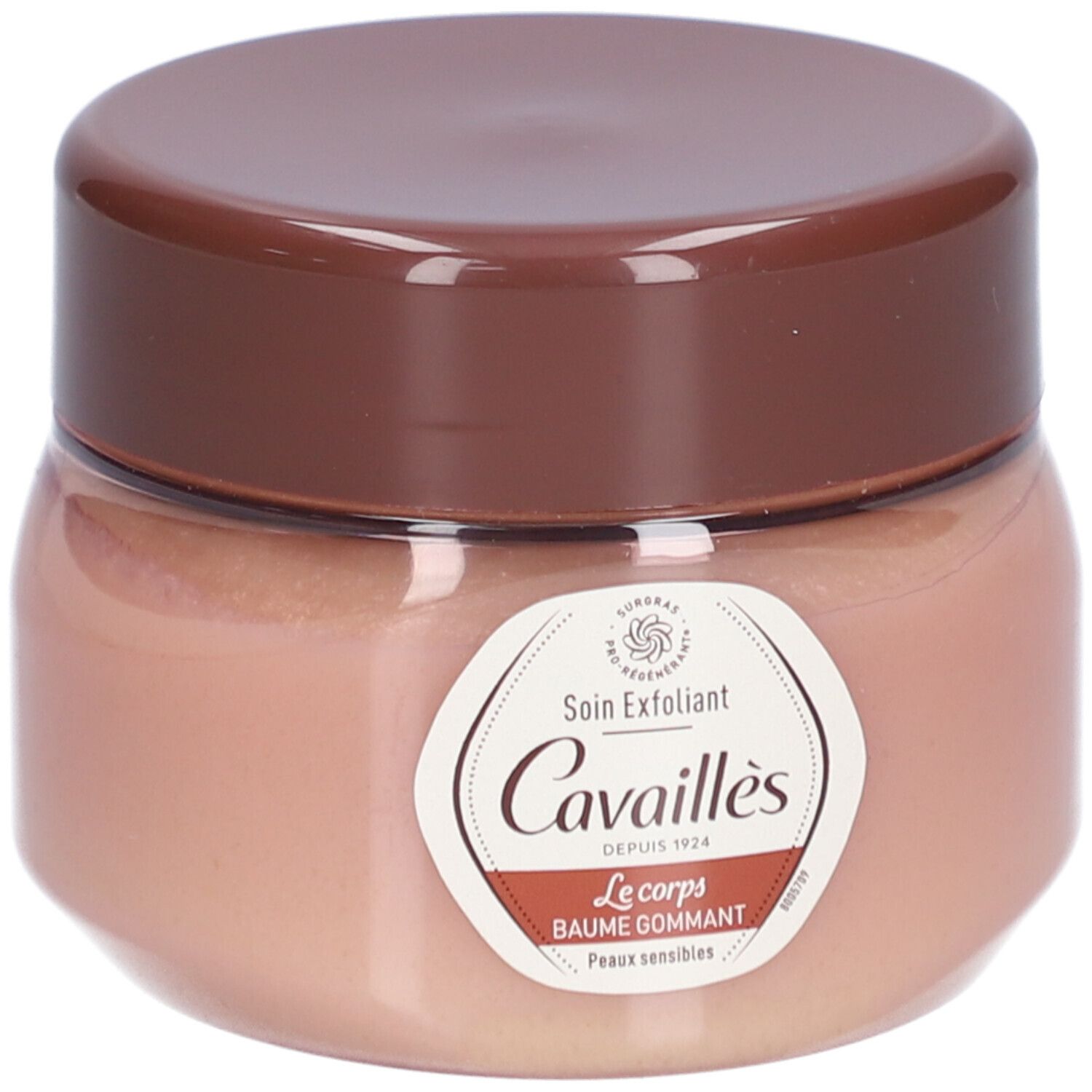 Pot avec couvercle marron. Étiquette avec texte: Soin Exfoliant, Cavaillès, Le Corps, Baume Gommant. Contenu rose visible.